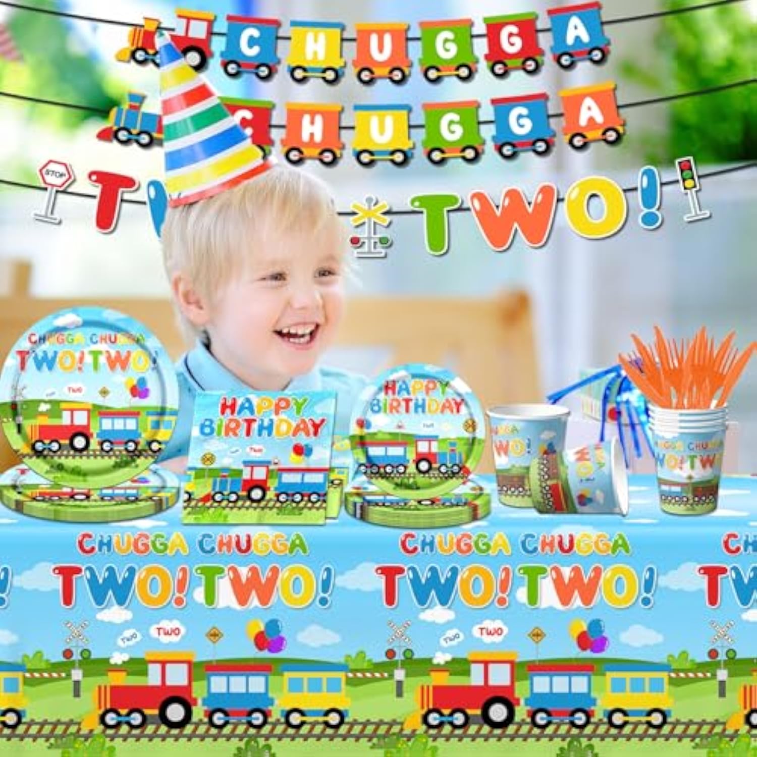 Chugga Chugga Two Two Party Decorations,142Pcs Train 2Nd Birthday Tableware Plates,Napkins,Cups Train Theme Party Favors For Baby Shower,2Nd Birthday Decorations For Boys