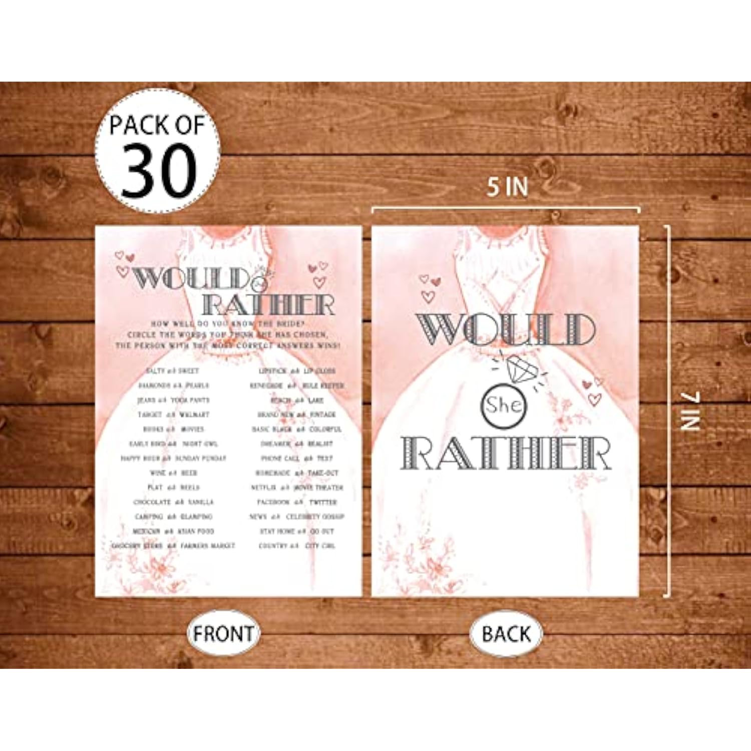Bridal Shower Games, Wedding Games For Showers, Would She Rather, Engagement Bachelorette Party Game, Bridal Shower Decorations, 30 Cards Per Set (Suit010)