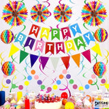 Happy Birthday Party Decorations Pack With Rainbow Happy Birthday Banner, Honeycomb Balls, Circle Dot Garland, Paper Bunting Banner, Paper Fans And Hanging Swirls Streamers