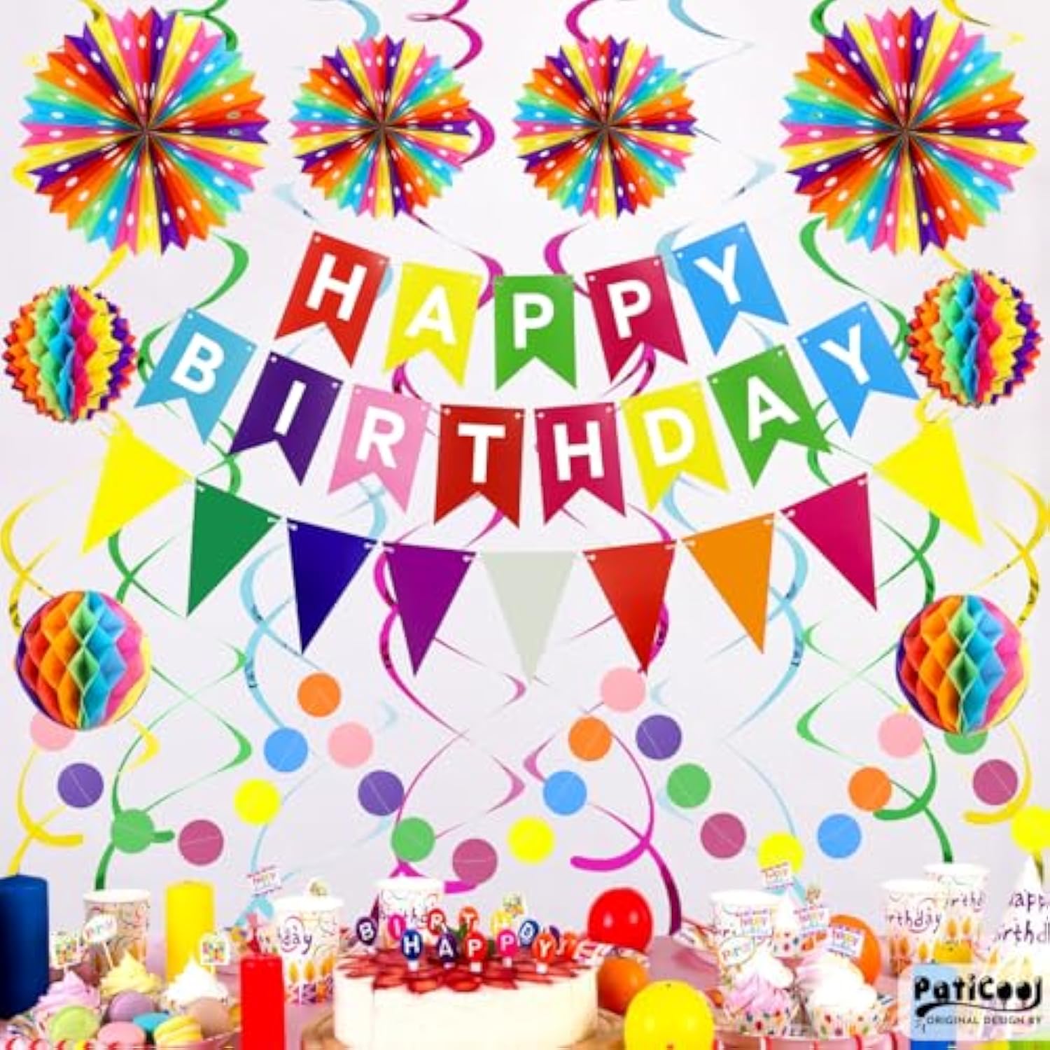 19pcs Rainbow Birthday Decor Set with Banner, Honeycomb Balls, Fans & Swirls