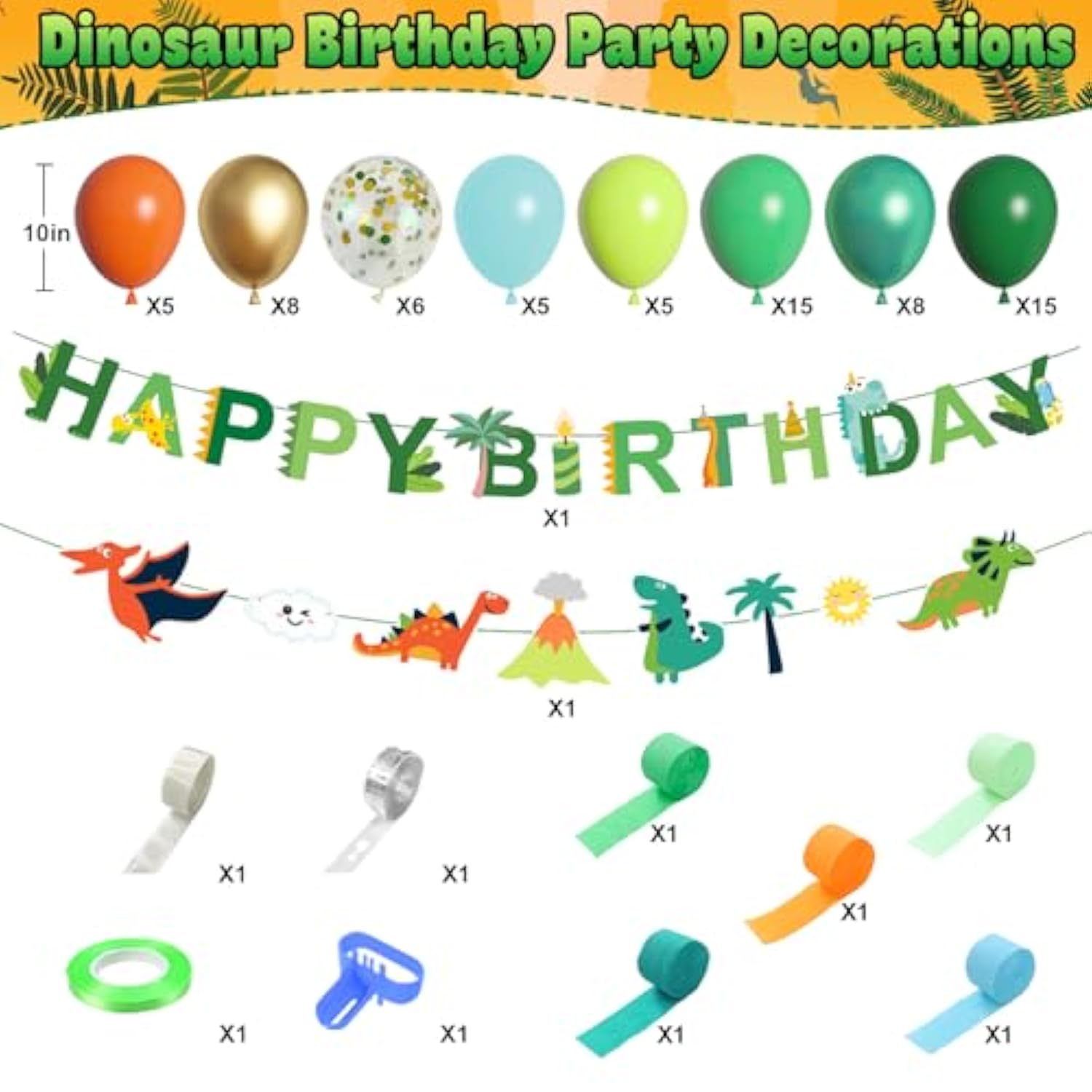Dinosaur Birthday Party Decorations Supplies Happy Birthday Banner Crepe Paper Green Orange Blue Gold Dino Foil Balloons Garland Arch Kit For Jungle Safari Dinosaur Themed Baby Shower Party Boys Kids