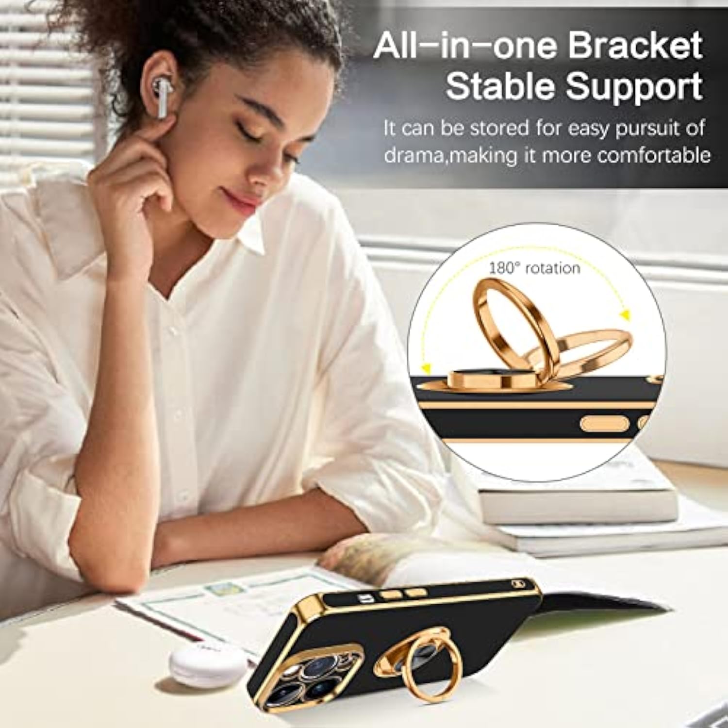 For Iphone 14 Pro Max Case, Slim Lightweight 360° Ring Holder Kickstand Support Car Mount Shockproof Women Men Non-Slip Protective Case For Iphone 14 Pro Max 6.7", Black/Gold