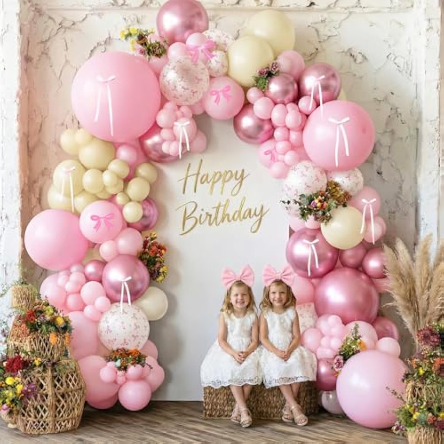 Pink Bow Balloons, 60Pcs Double Stuffed Pearl White Light Pink Balloon, 12 Inch Pastel Pink White Bow Printed Balloons With Ribbon For Girls Birthday Baby Shower Wedding Coquette Party Decorations