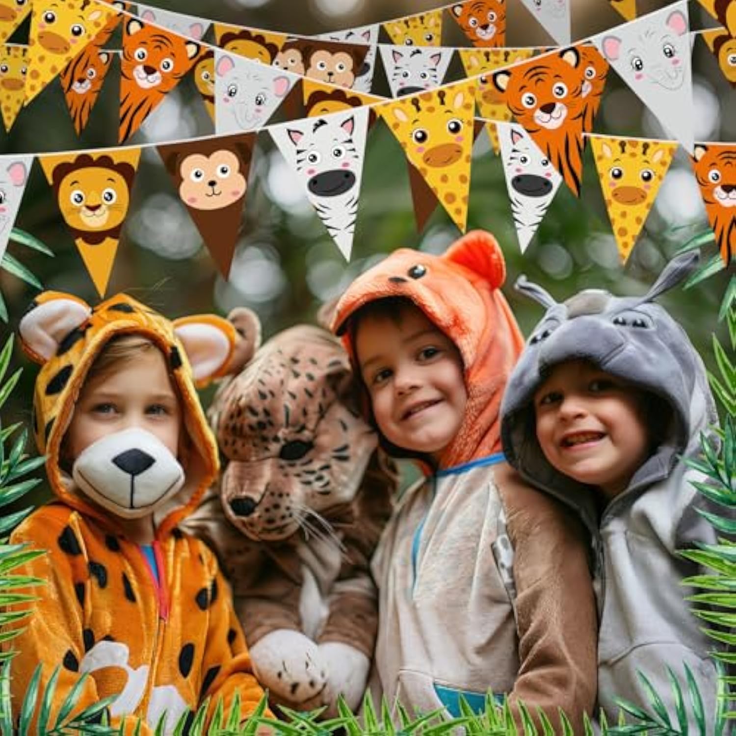 5 Pcs 49Ft Safari Animal Pennant Banners, Jungle Theme Wild One Baby Shower Birthday Decorations, Wild Animal Triangular Garland For Kids Party, Photo Backdrop, Classroom, Nursery Wall Decor