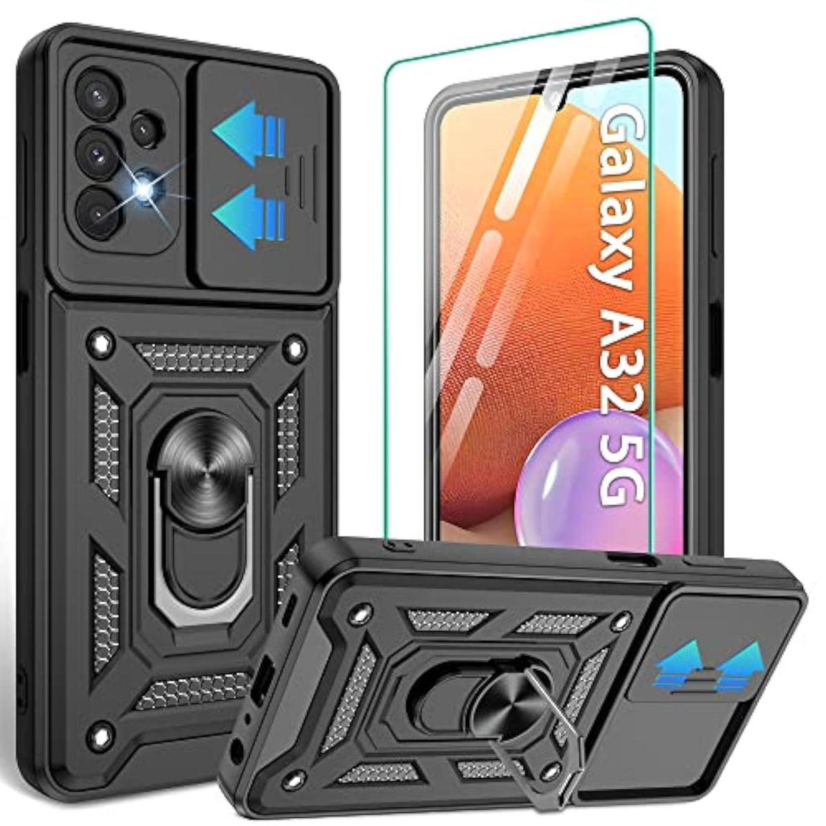 For Samsung Galaxy A32 5G Case With Hd Screen Protector, Heavy Duty Shockproof Phone Cover With Magnetic Kickstand Ring For Galaxy A32 5G,Black