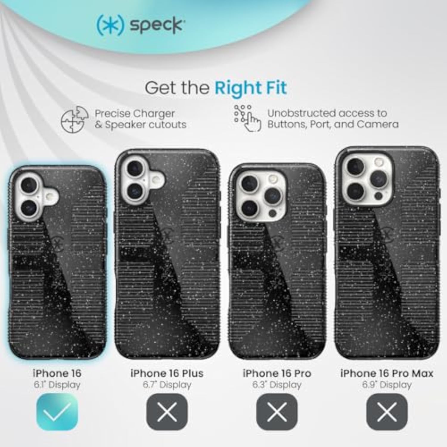 Speck CandyShell Grip iPhone 16 Case - Slim MagSafe - Black Glitter/Steel Black