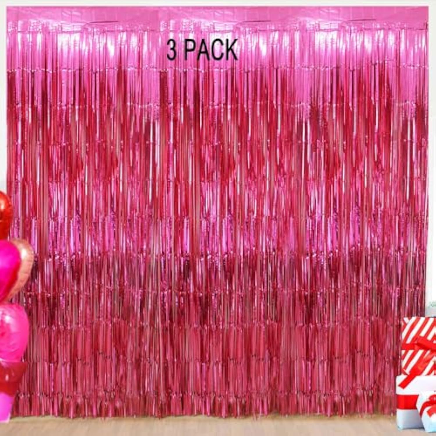 Valentines Day Party Decorations - 3 Pack Of 3.2X8.2Ft Hot Pink Foil Fringe Curtains Streamers Backdrop For Birthday Bachelorette Party Valentines Backdrop Decorations