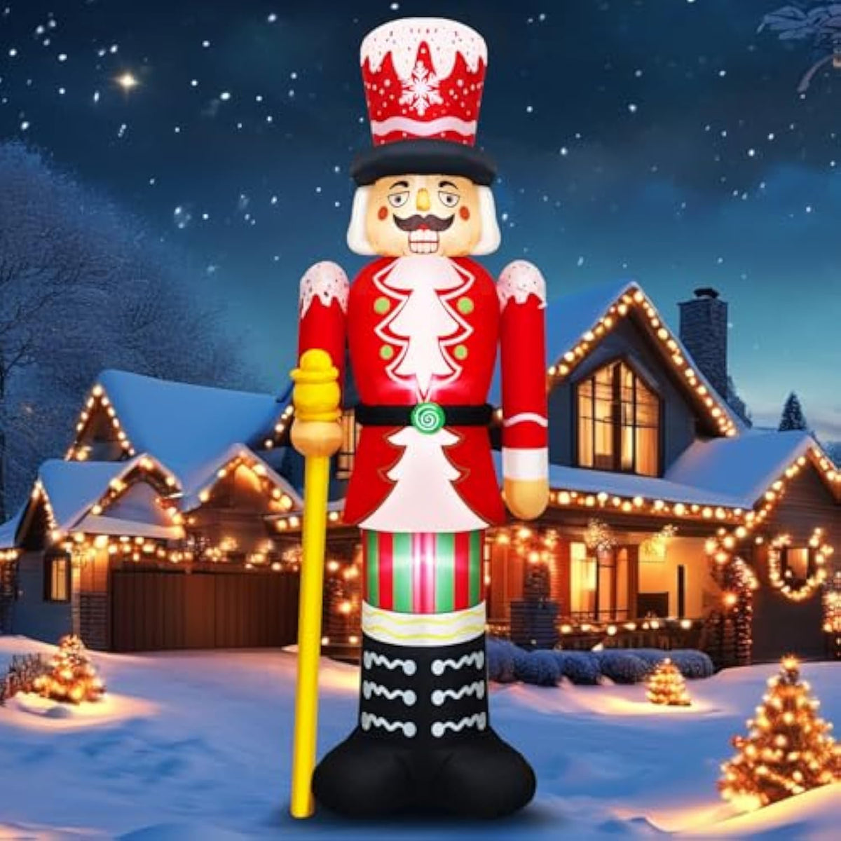 Christmas Inflatables 8Ft Nutcracker Figurine Red & White Soldier With Candy Cane Stripes, Staff & Crown Hat Festive Hol