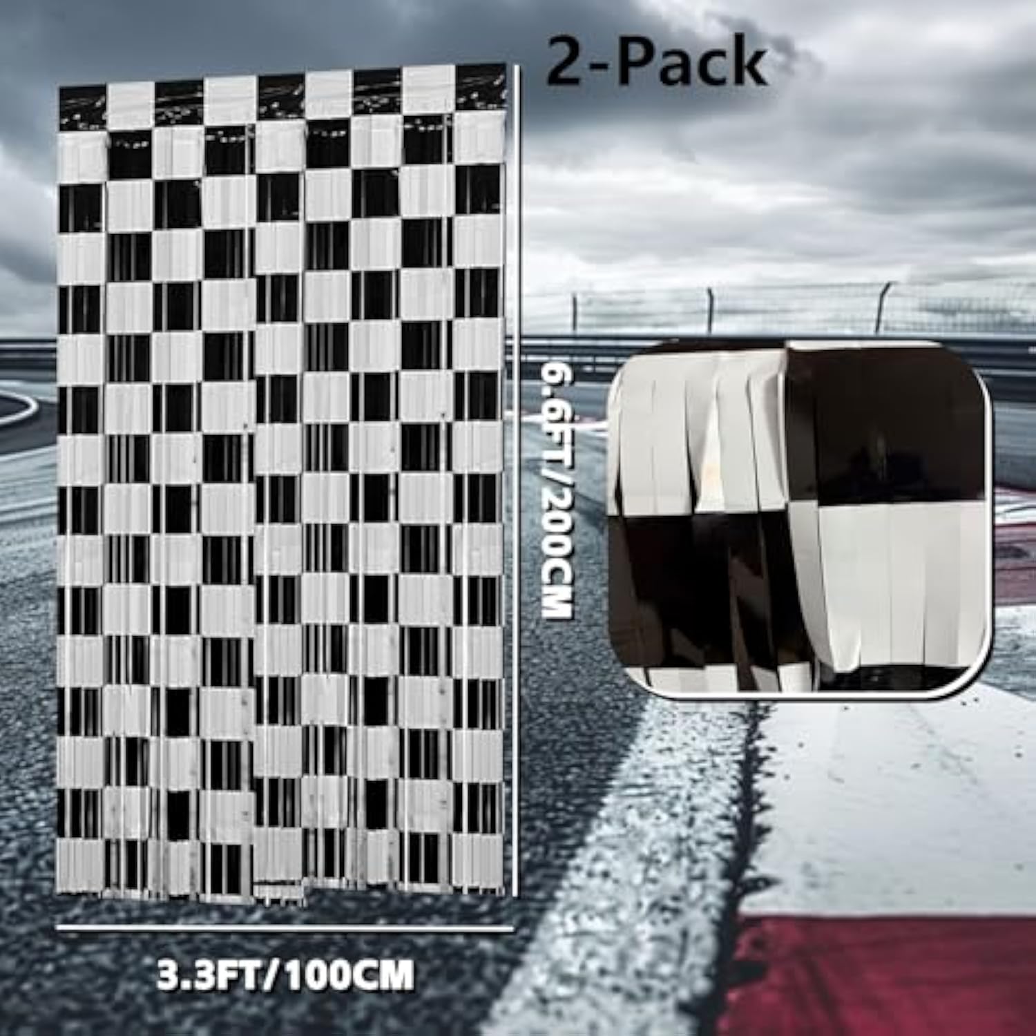 Race Car Birthday Party Streamers Backdrop Decorations, 2 Pack Black White Checkered Foil Fringe Curtain Photo Booth Props With Racing Car Birthday Banner For Back To School Car Themed Party Supplies