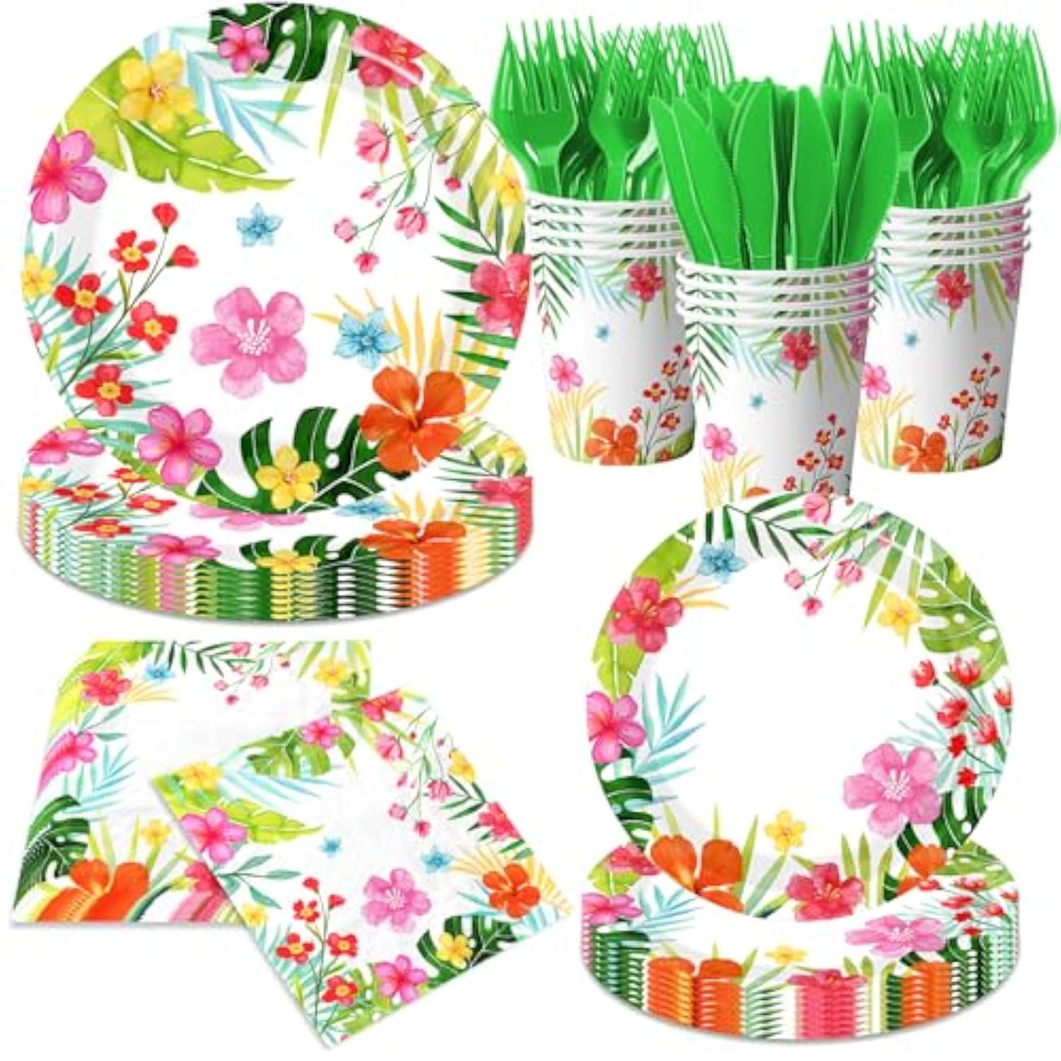 Luau Party Supplies, 144Pcs Tropical Party Decorations Includes Tropical Plates And Hawaiian Napkins, Hawaiian Plates And Napkins For Hawaiian Summer Luau Party Serviced 24 Guests