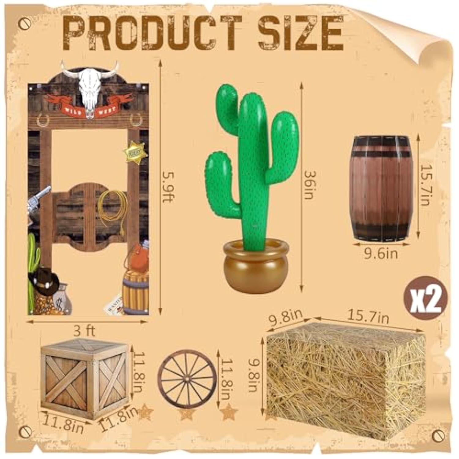 7Pcs Western Cowboy Party Decor Hay Bales, Cactus, Wagon Wheel & Backdrop Banner