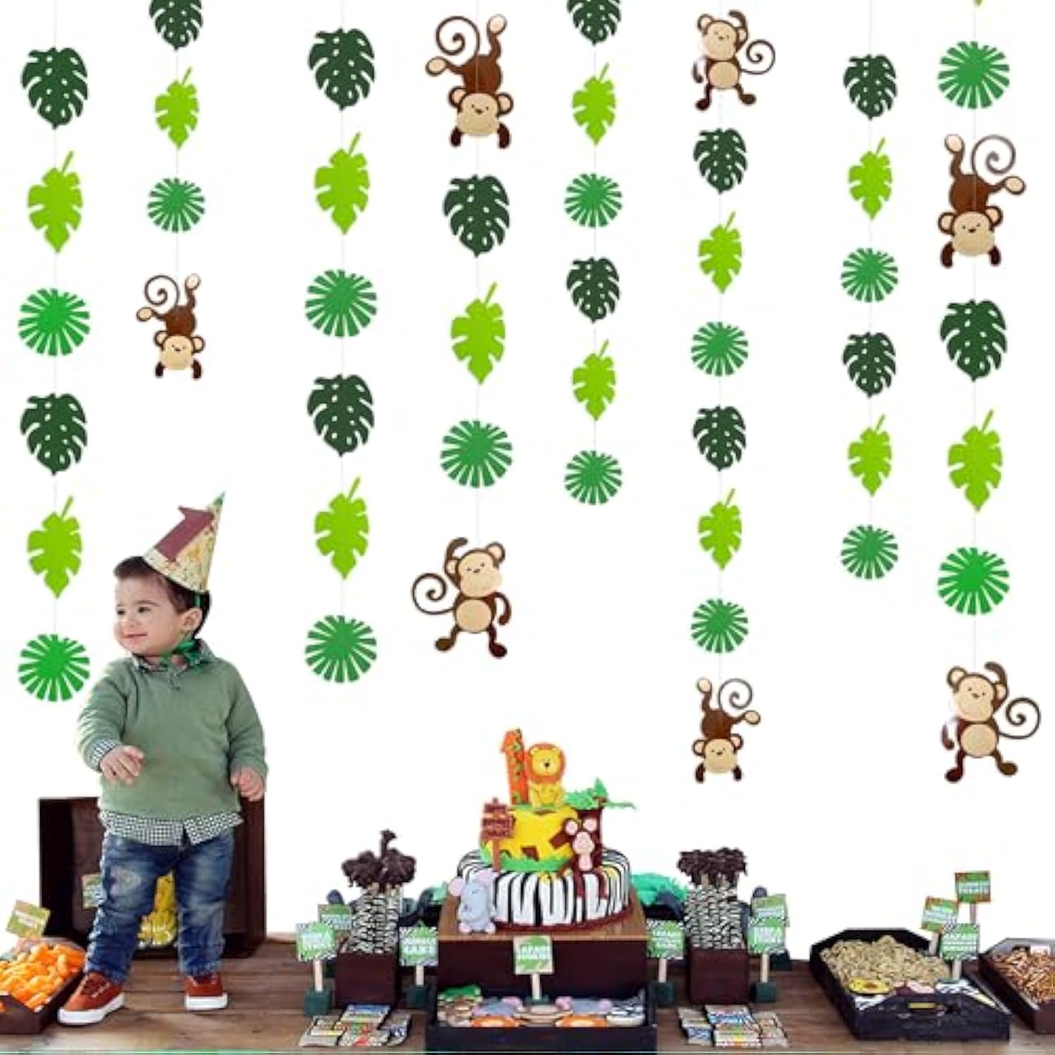 Monkey Palm Leaves Cutouts Garland Jungle Party Decorations Monkeys Hanging Wall Decorations For Kids Wild One Birthday Tropical Jungle Safari Animal Party Banner Backdrop For Boys Baby Shower Decor