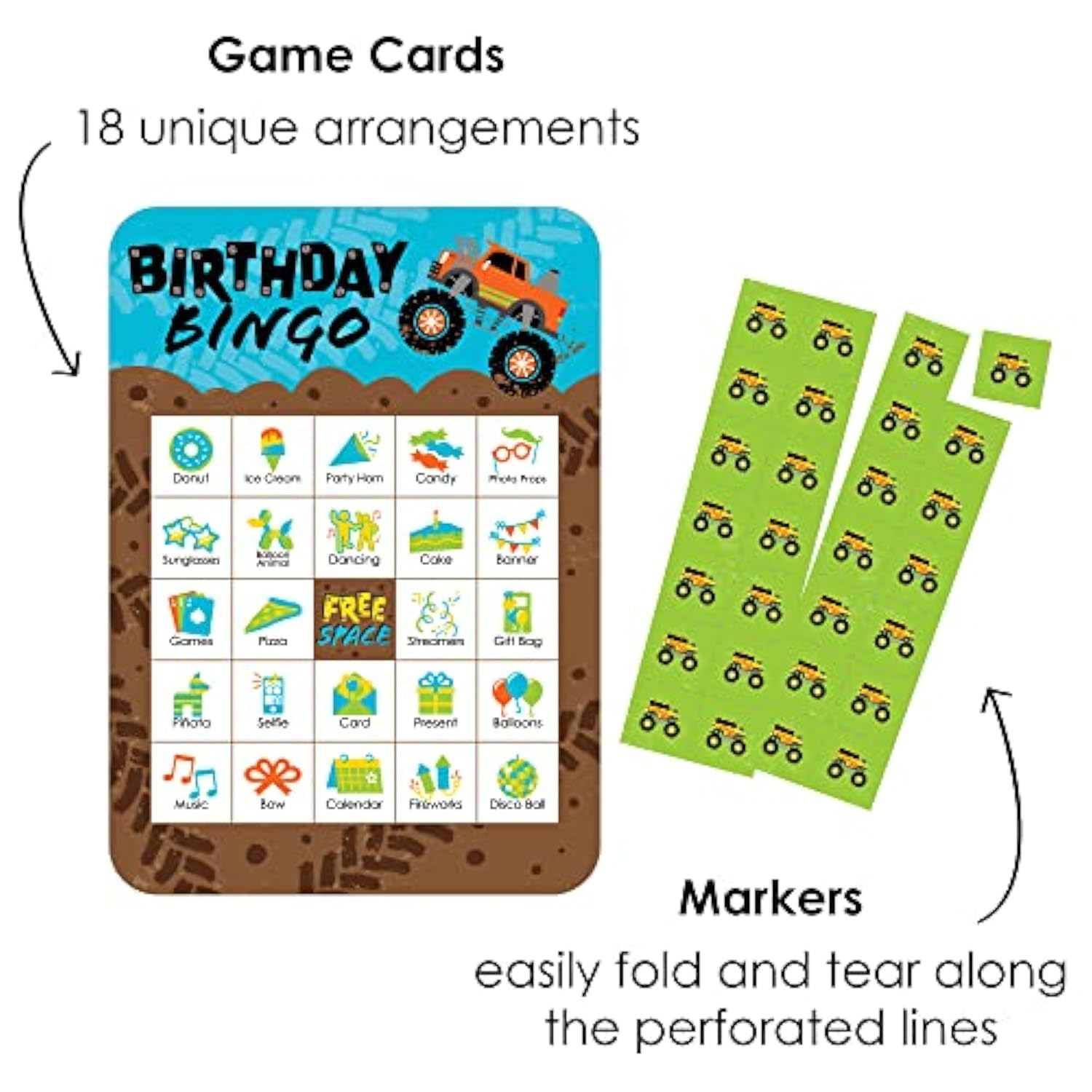 Big Dot of Happiness Smash and Crash - Monster Truck - Picture Bingo Cards and Markers - Boy Birthday Party Bingo Game - Set of 18