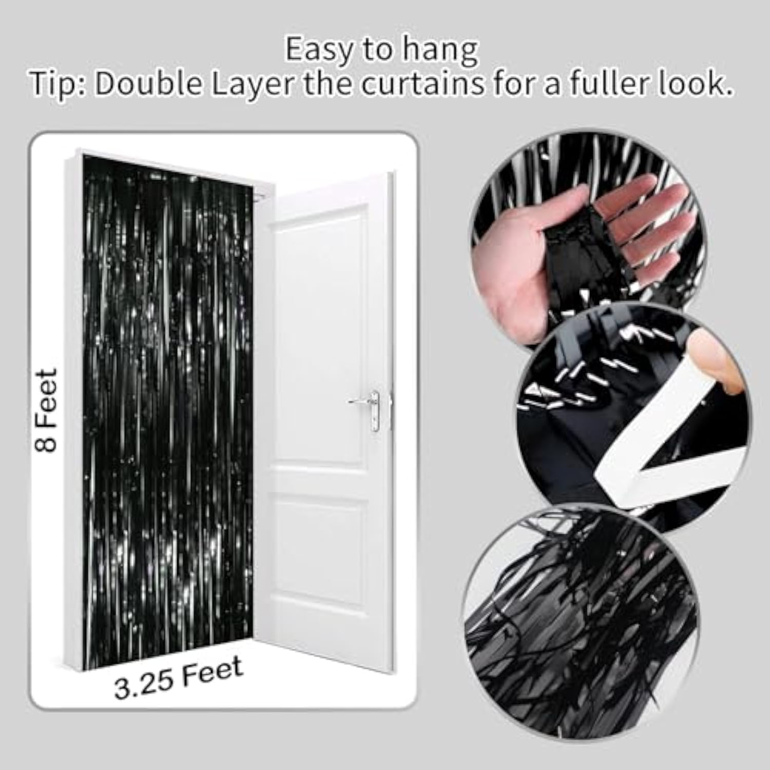 2 Pack Black Foil Fringe Curtains Backdrop Streamers for Birthday Halloween Party