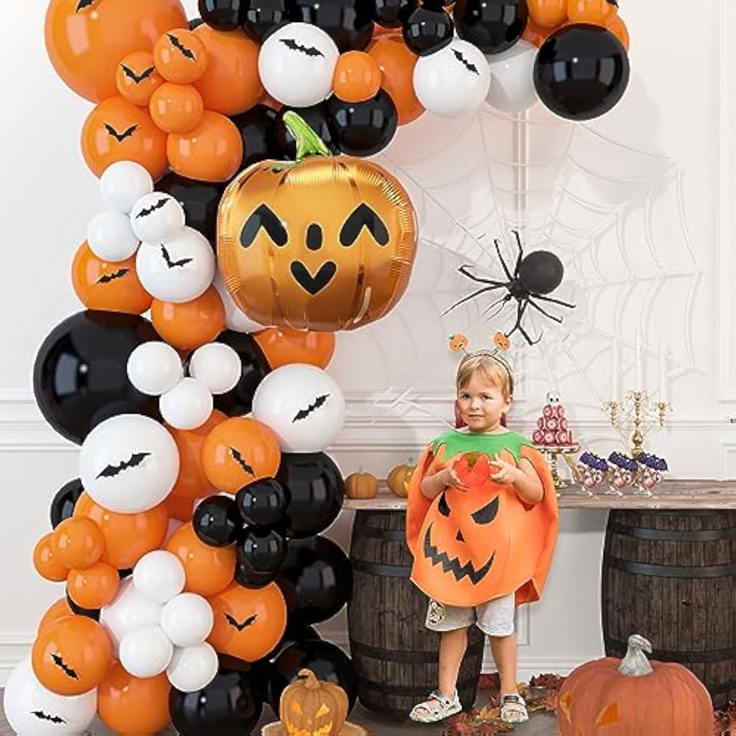 Halloween Balloon Garland Kit 80 Pcs - 5/10/12/18 Inch Orange And Black White Balloon Arch With 1 Pumpkin Foil Balloon, Pvc Bats & Spider Web For Halloween Party Decorations