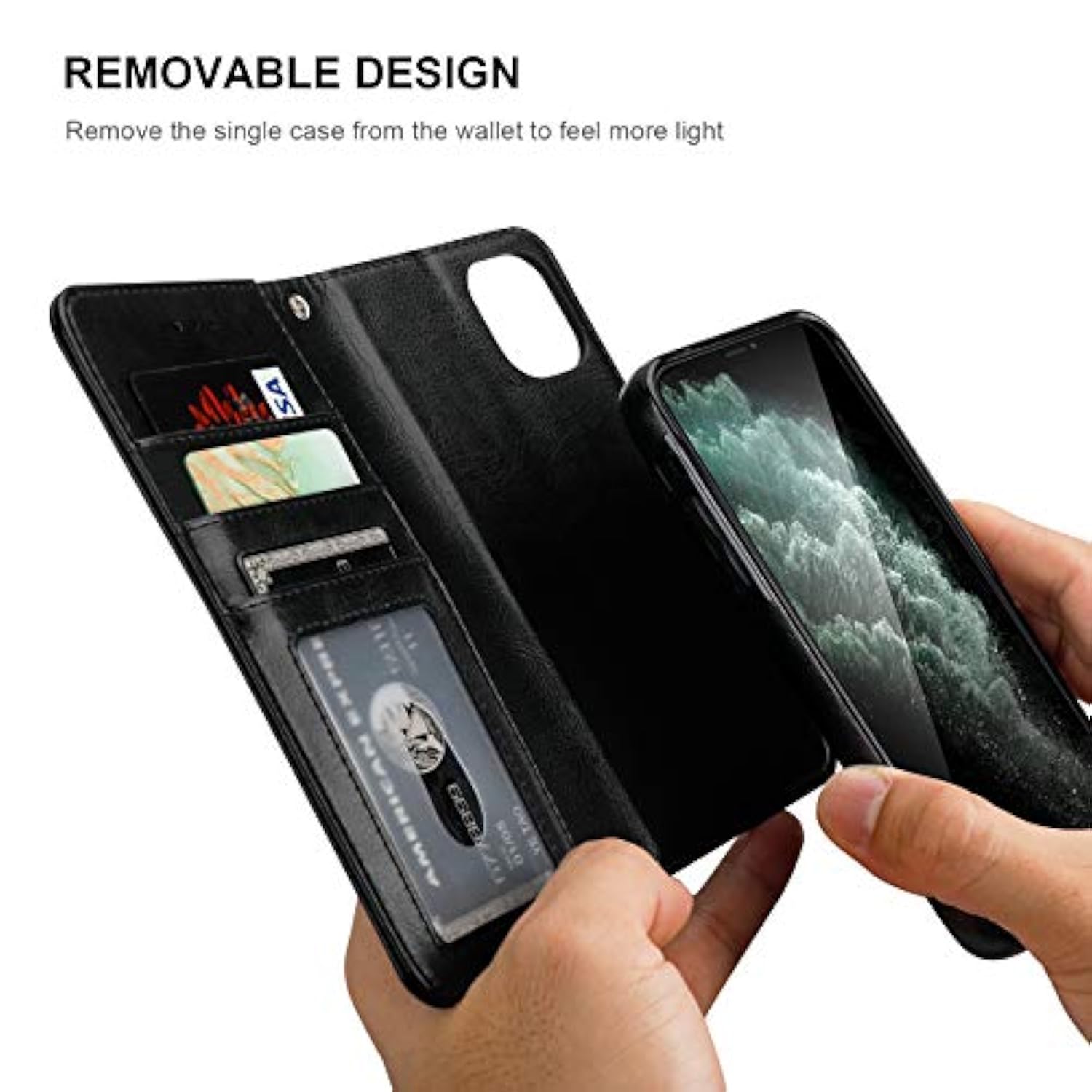 For Iphone 11 Wallet Case With Card Holder Pu Leather Magnetic Detachable Kickstand Shockproof Wrist Strap Removable Flip Cover For Iphone 11 6.1 Inch (Black)