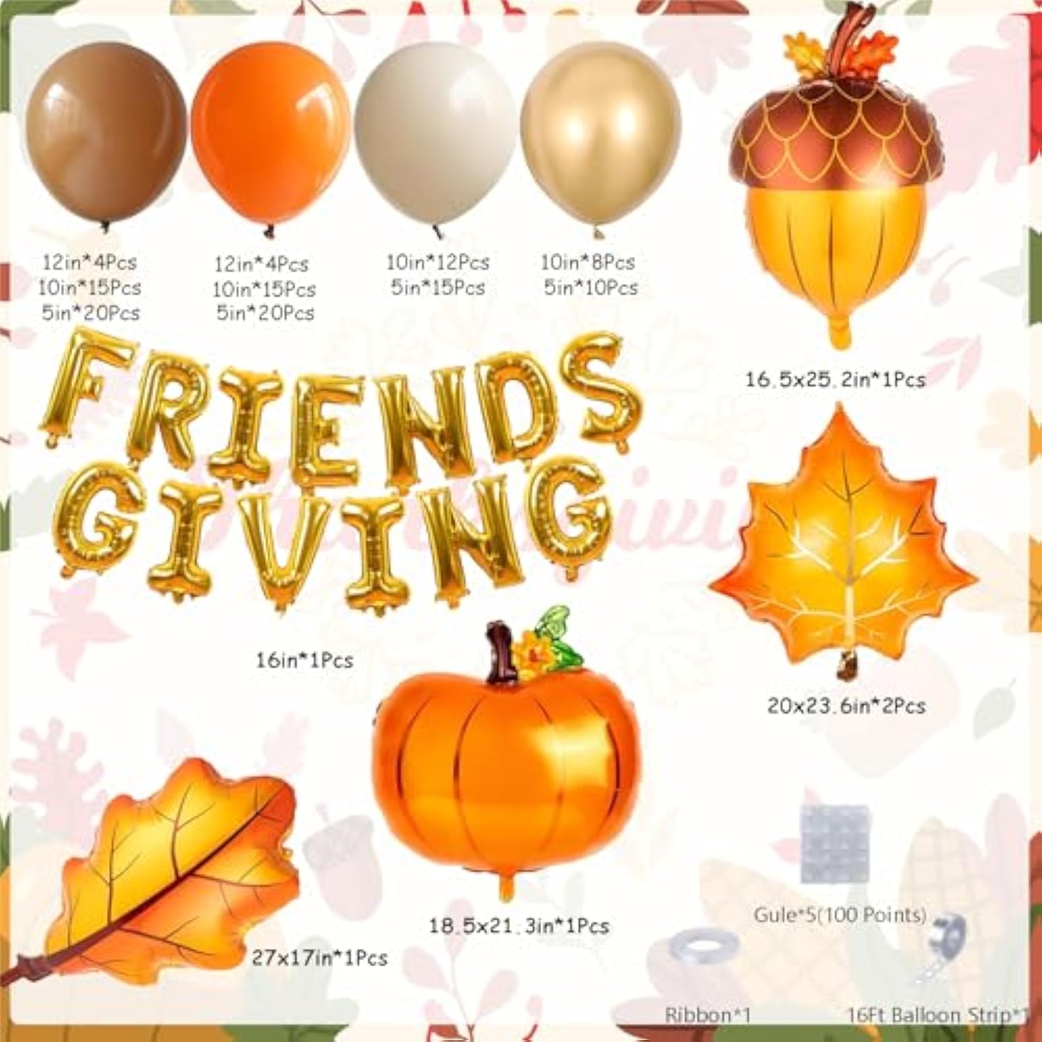 Fall Balloon Arch Kit Orange Brown White with Pumpkin Maple Leaf for Friendsgiving Party