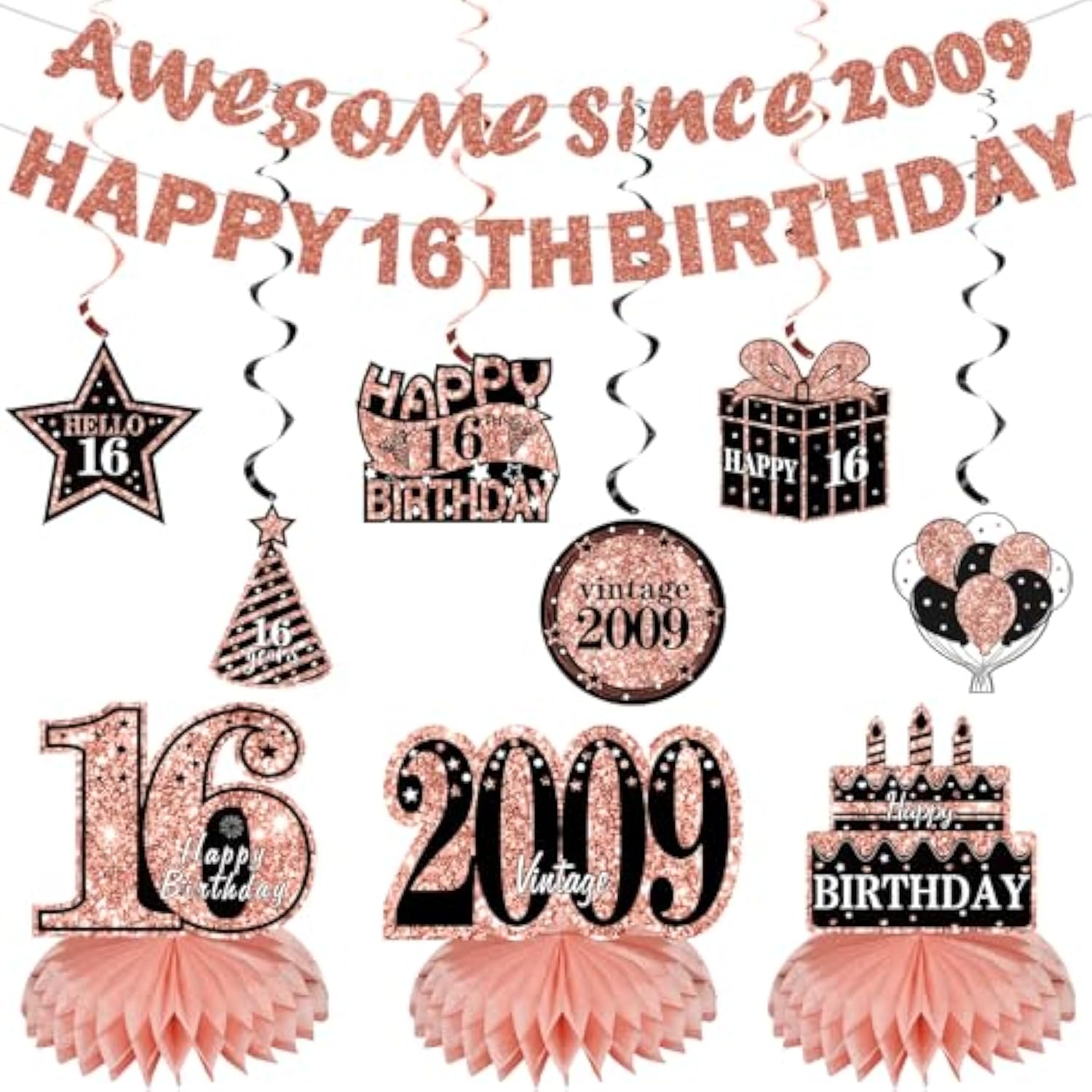 11Pcs 16Th Birthday Decorations Kit For Girls Women, Rose Gold Happy 16Th Birthday Banner, Awesome Since 2009 Centerpieces Swirls Party Supplies, Sixteen Bday Banner Ceiling Table Topper Sign