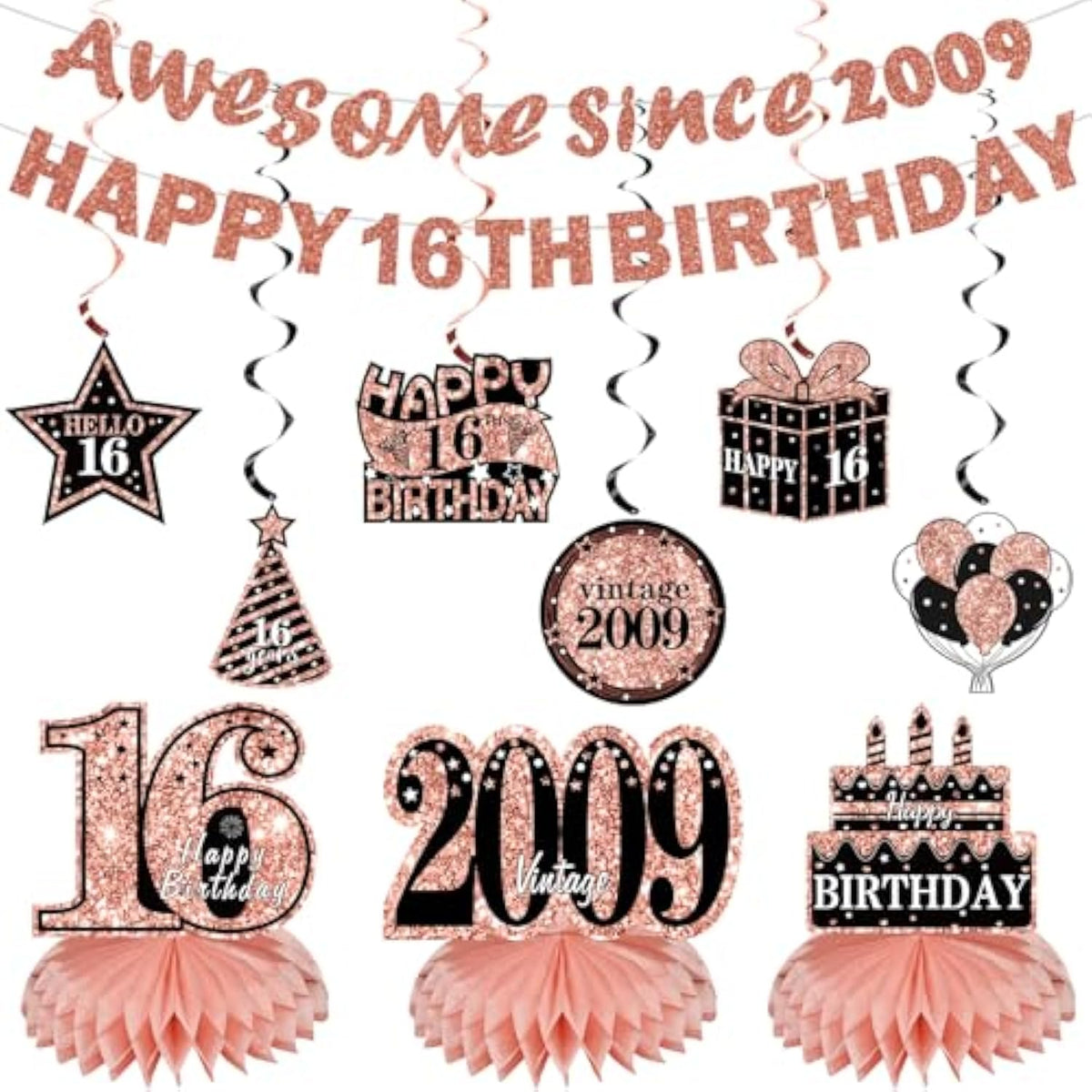11Pcs 16Th Birthday Decorations Kit For Girls Women, Rose Gold Happy 16Th Birthday Banner, Awesome Since 2009 Centerpieces Swirls Party Supplies, Sixteen Bday Banner Ceiling Table Topper Sign
