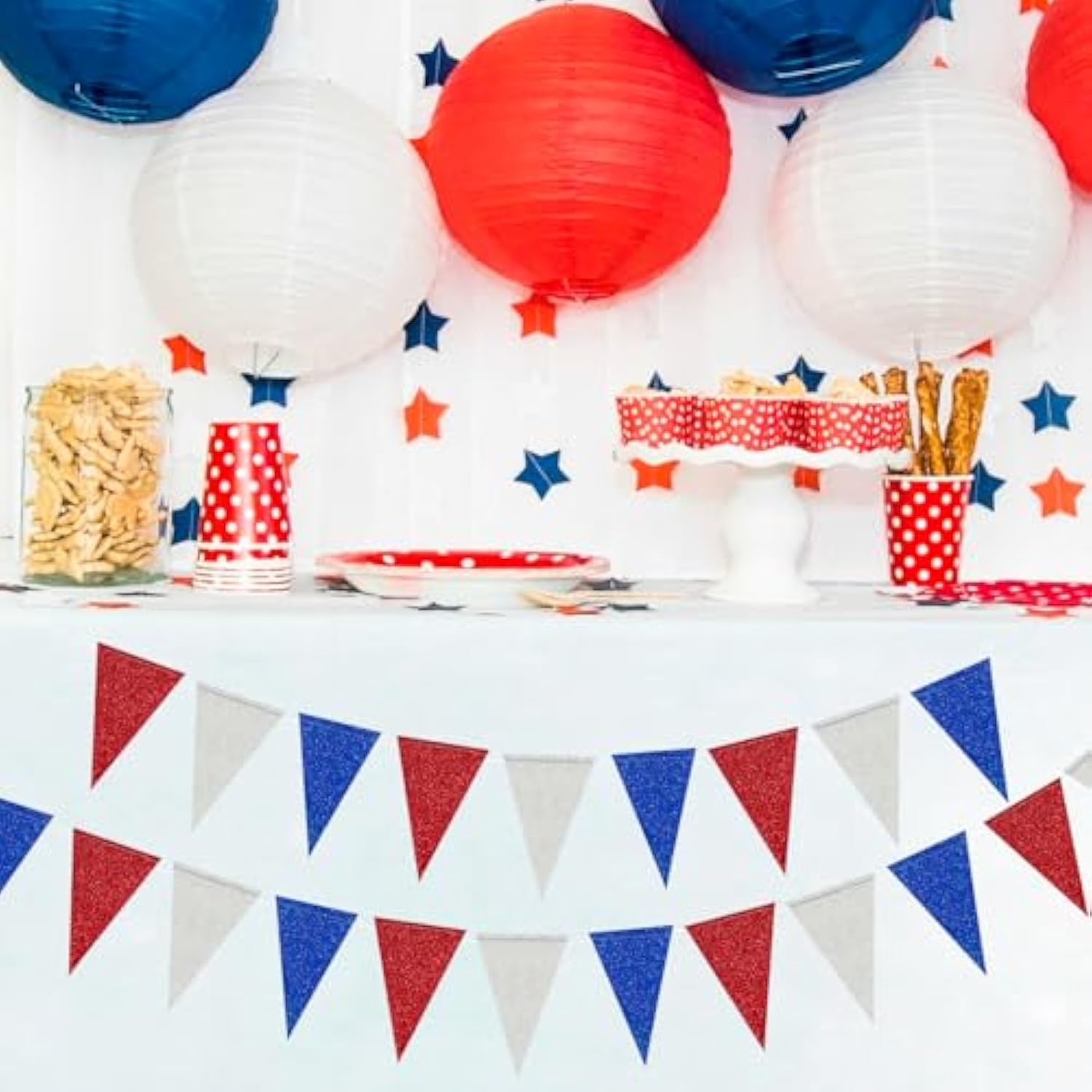 Patriotic Pennant Banner Red Blue Silver/White Triangle Flag Bunting Banner Patriotic Decorations Glitter Paper Garlands For 4Th Of July Independence Day Party Decorations Supplies 40 Feet