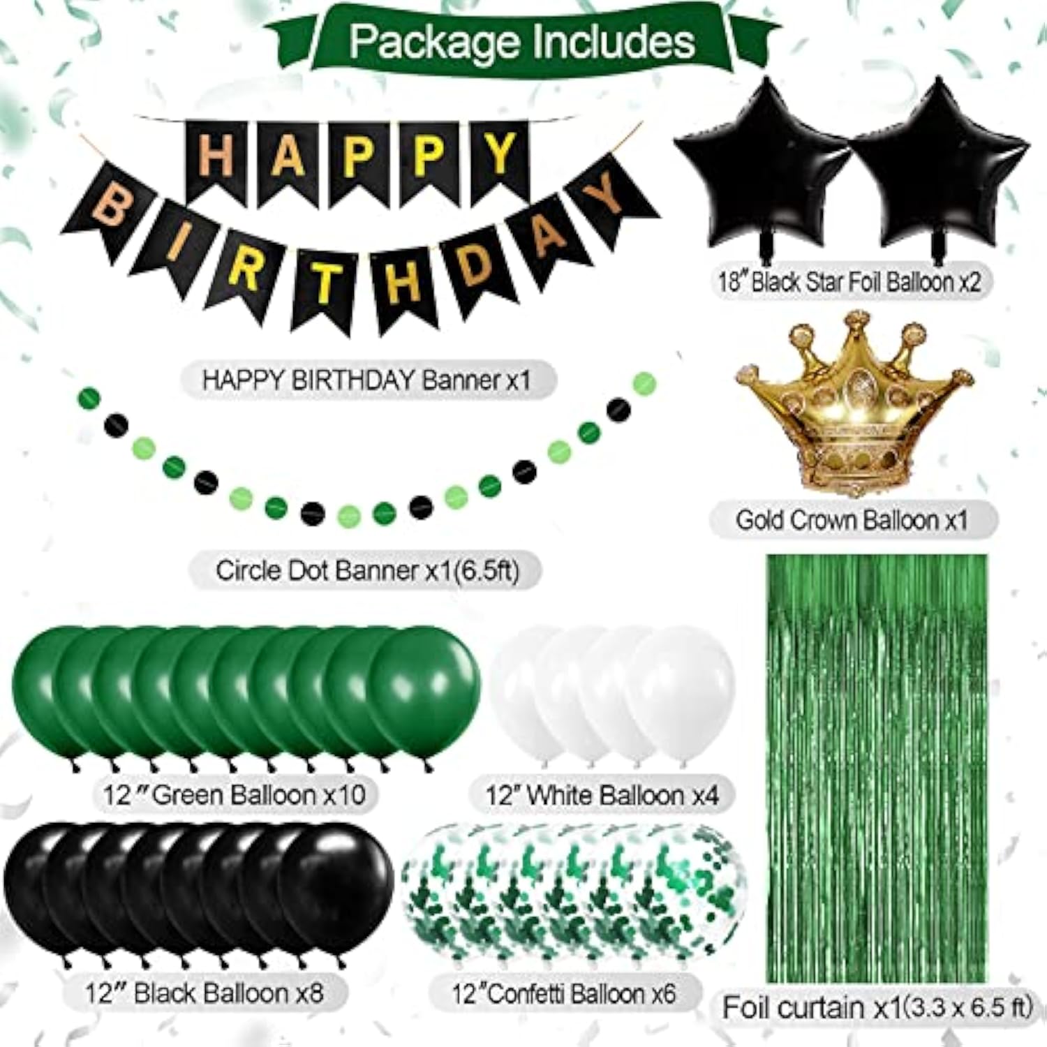 Green & Black Birthday Decoration Set: Banner, Balloons, Fringe Party Kit