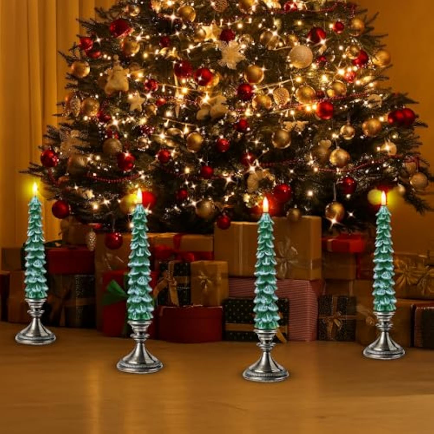 4 Pcs Christmas Tree Candles With Remote And Timer Led Flameless Taper Candles Christmas Tree With Snowy Led Candlesticks Battery Operated Candle For Christmas Decoration