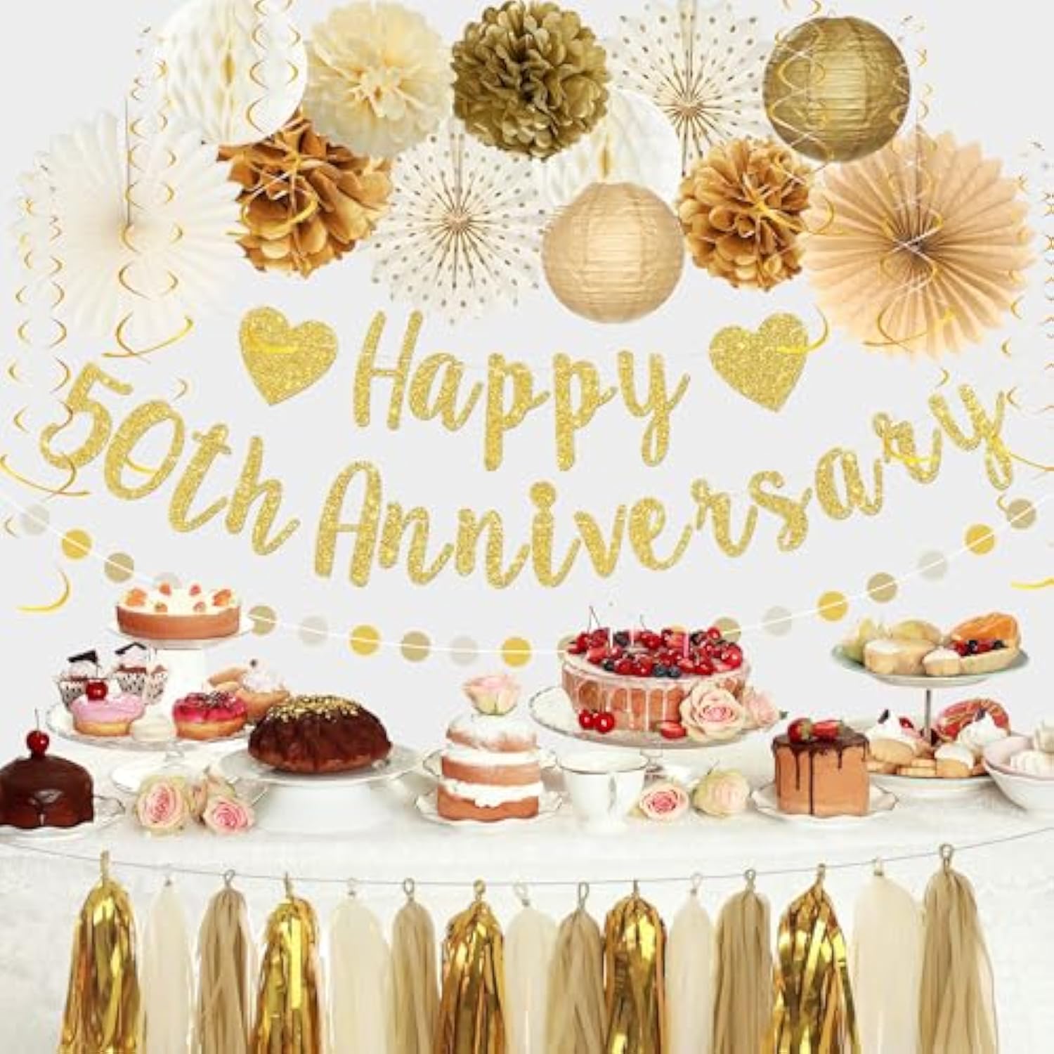 50Th Anniversary Decorations, Gold Glitter Happy 50Th Anniversary Banner Photo Background For Women Men, Cheers To 50 Years Backdrop Pompoms Paper Fans Party Supplies Dad Mom