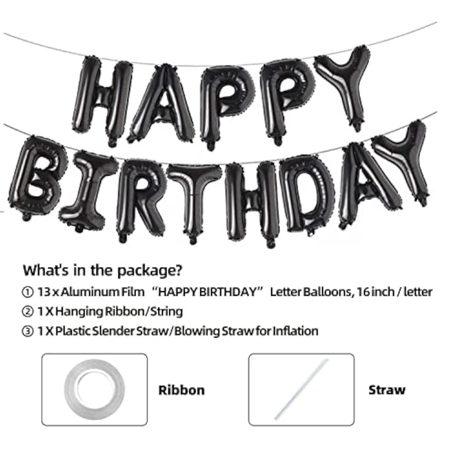 Happy Birthday 16in 3D Foil Letter Balloon Banner Black Party Decorations