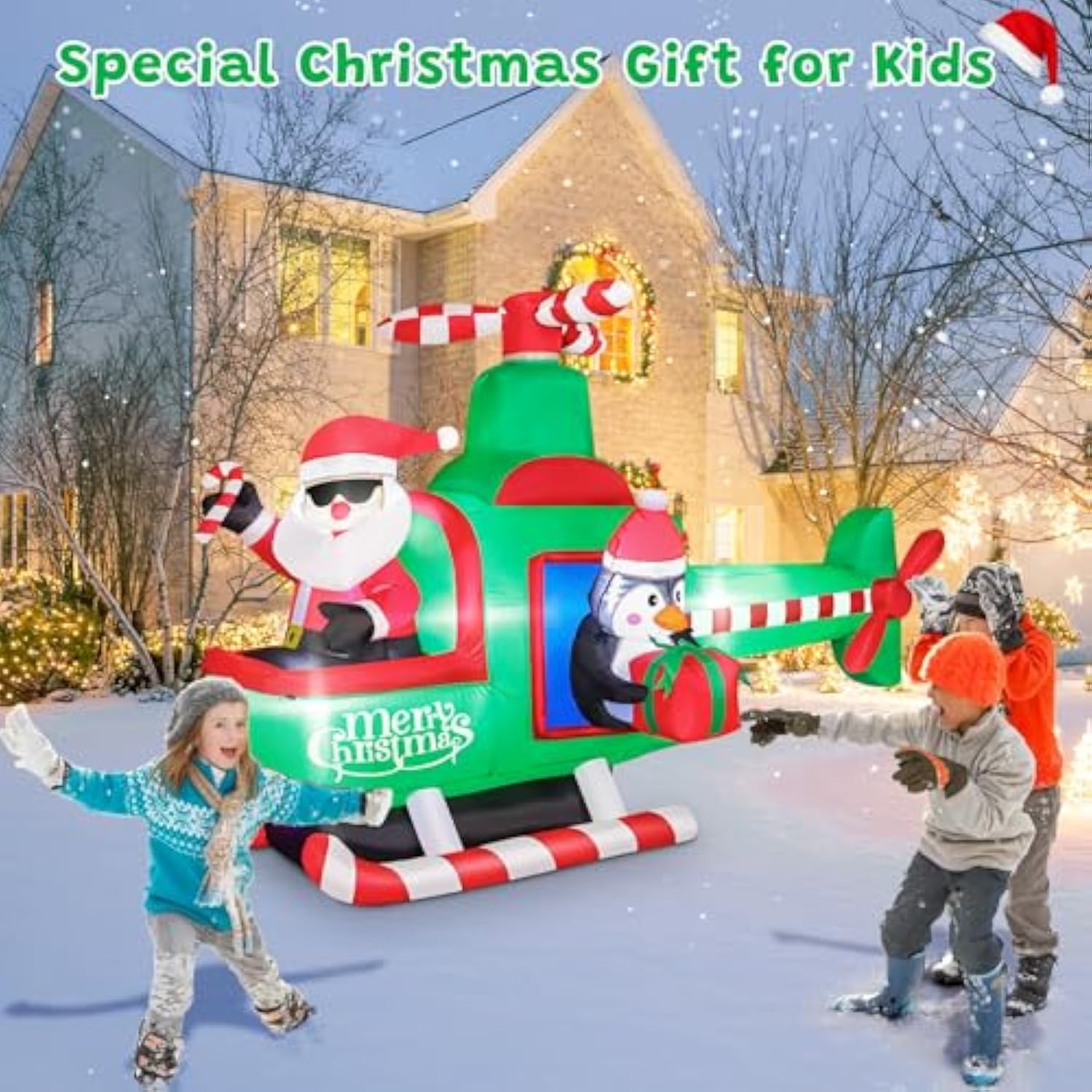 6.5Ft Christmas Inflatable Santa Claus On Helicopter Outdoor Decorations With Bright Led Lights, Christmas Blow Up Santa