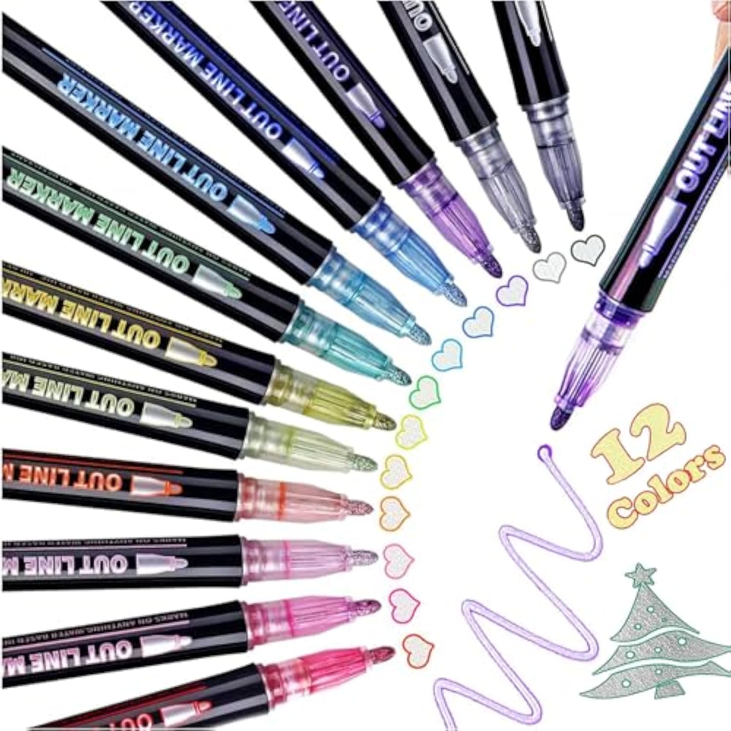 12 Colors Shimmer Marker Set,Shimmer Marker Set,Double Line Pen Markers Self Outline Pen,For Christmas Greeting Birthday Card Making,Diy Art Craft