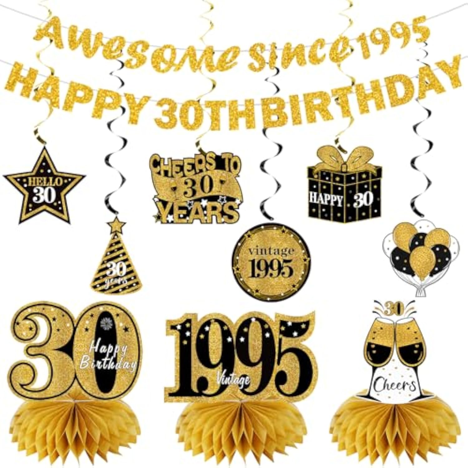 11-Pc Black & Gold 30th Birthday Décor Kit with Banners & Centerpieces