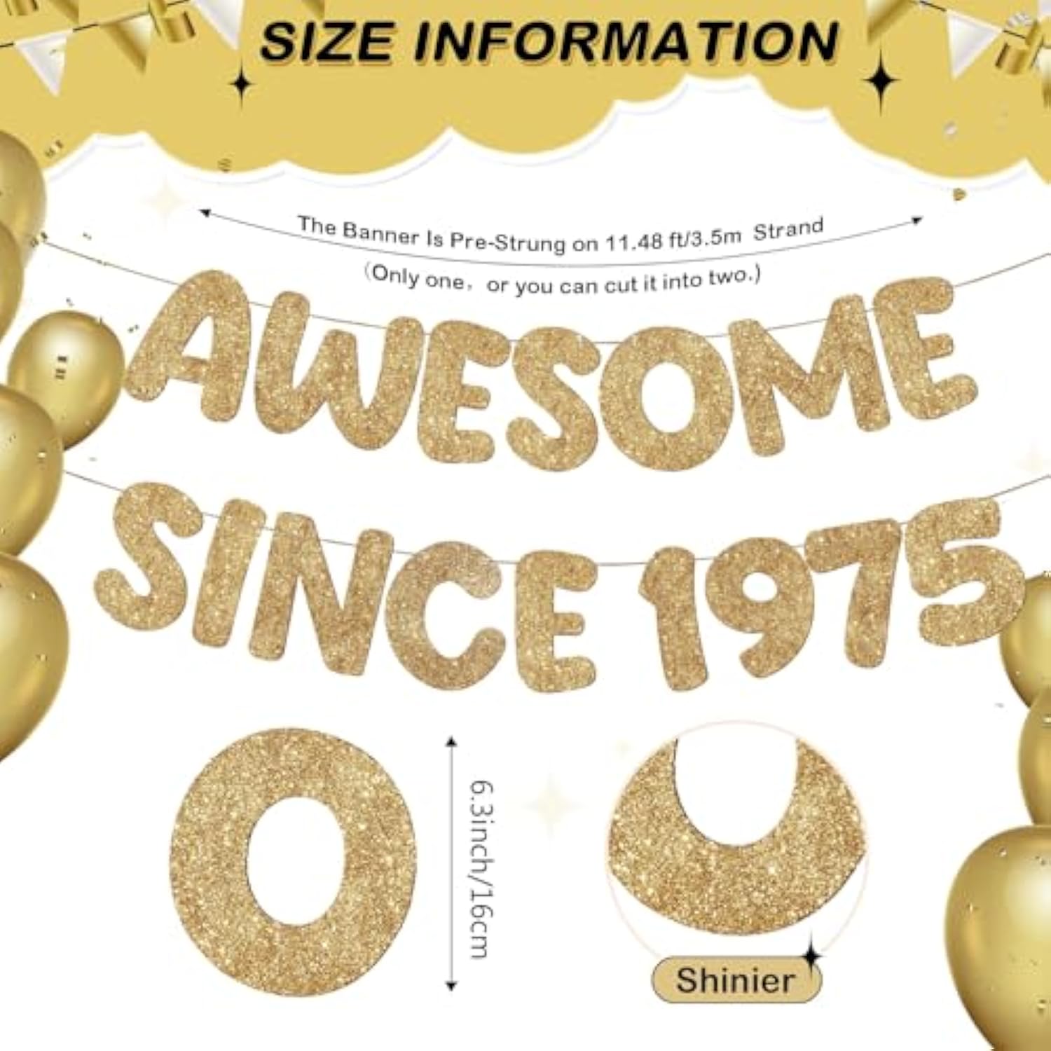 Pre Strung Awesome Since 1975 Banner Glitter Happy 50Th Birthday Banner Funny Glitter Happy 50Th Birthday Decorations For Men Women Anniversary Party(Champagne Gold)