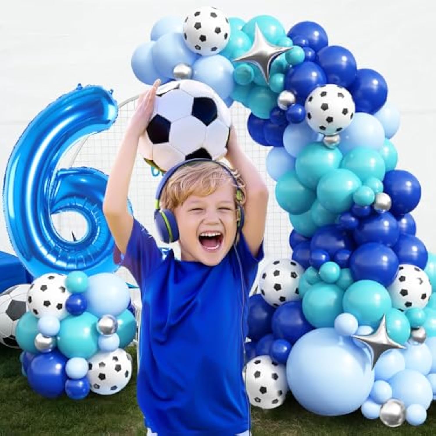6Th Soccer Birthday Balloons Decorations, Soccer Balloon Arch Kit With Royal Blue Teal Light Blue Balloons, 40 Inch Blue Number 6 Balloon Tower, For Boys 6 Years Old Football Club Party Decorations
