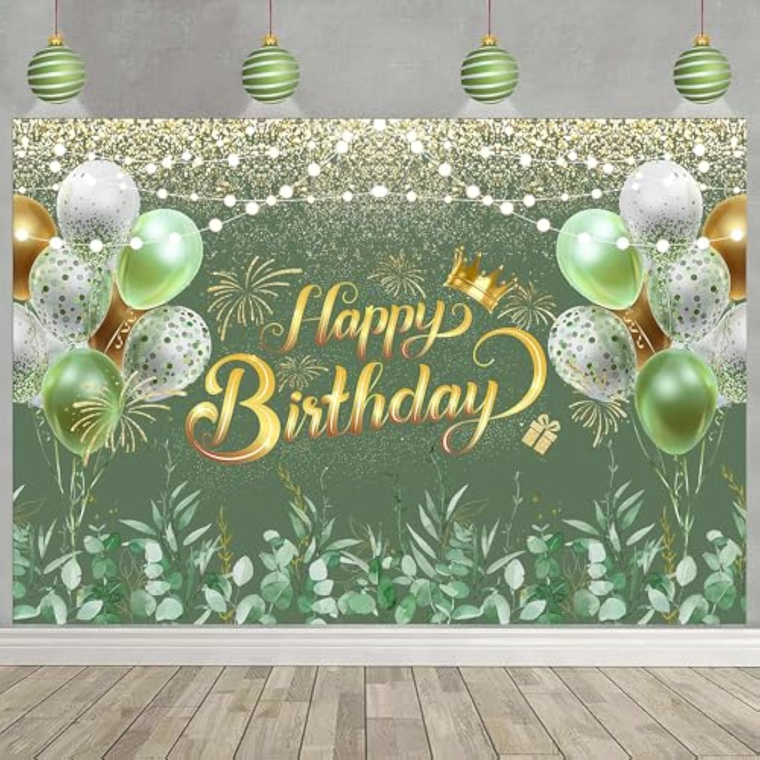 72x44" Greenery Sage Green Happy Birthday Banner Eucalyptus Glitter Backdrop Decor
