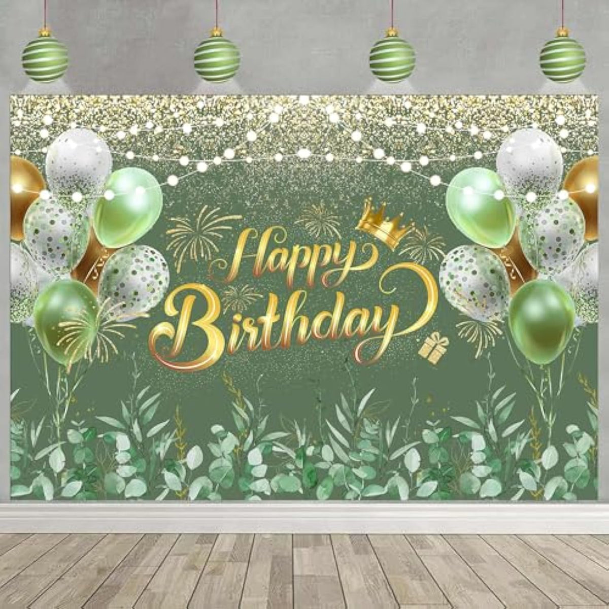 72x44" Greenery Sage Green Happy Birthday Banner Eucalyptus Glitter Backdrop Decor