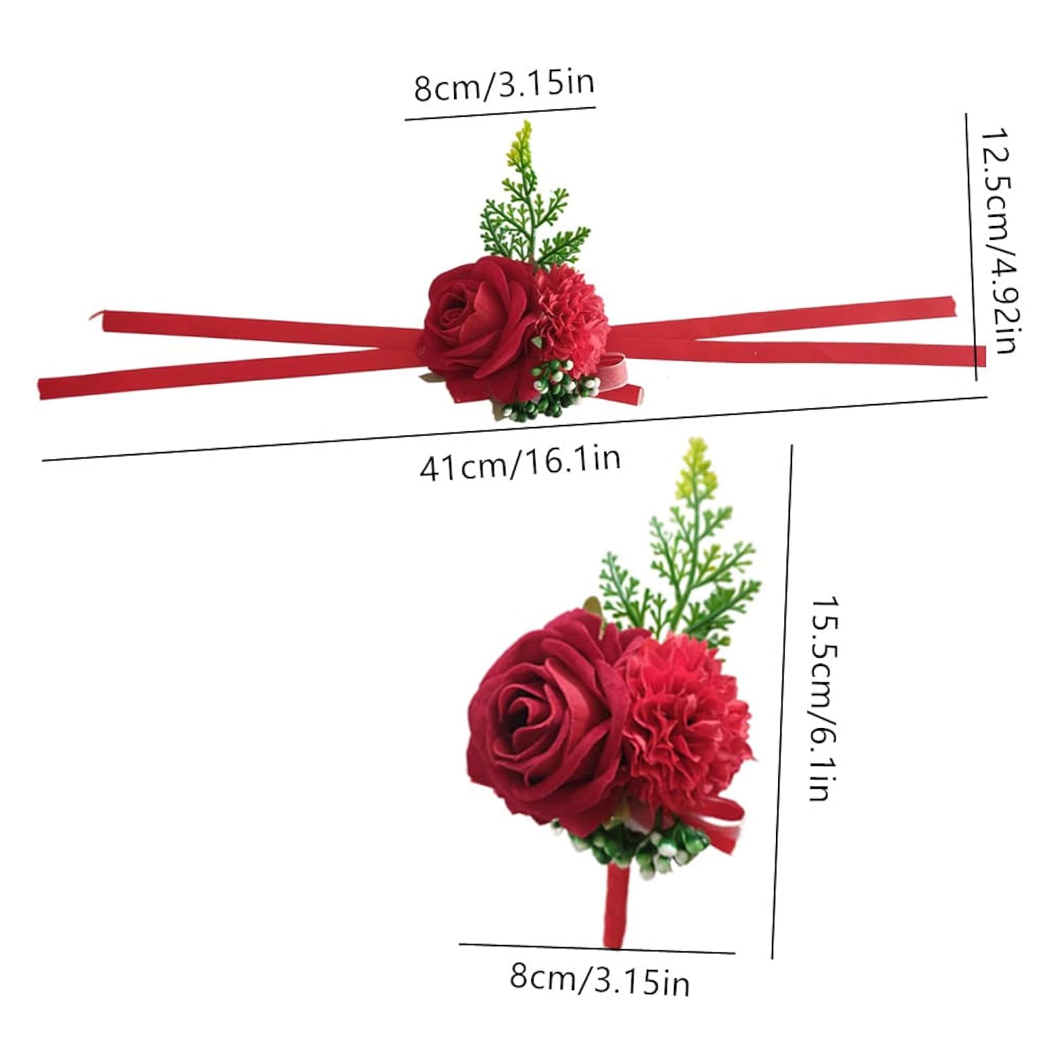 Red Corsage And Boutonniere Set Prom Suit, Artificial Rose Flower Bridesmaid Wrist Corsage Wristband For Groom Groomsmen, Bride Bridal Hand Ribbon Bracelet For Wedding Party Decor (2 Pack)