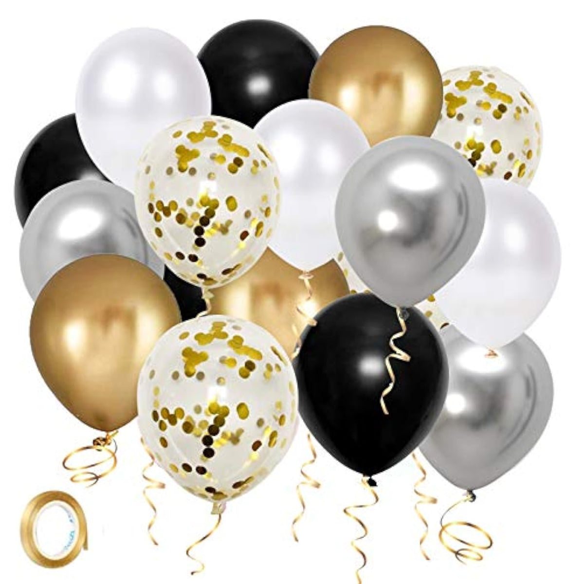 50 Pack Black Gold Silver 12 Inch Metallic Latex Balloons with Ribbon Party Decor