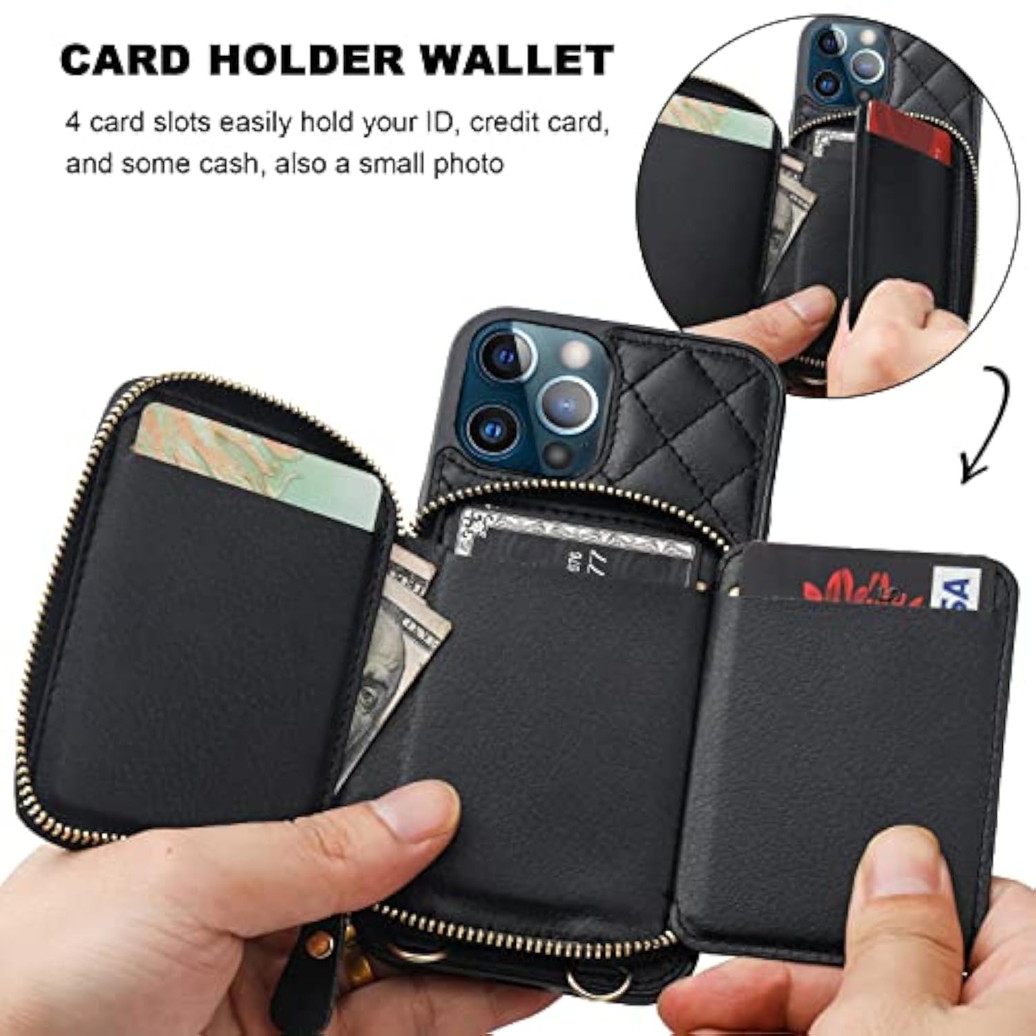 Crossbody Wallet Case For Iphone 13 Pro, Rfid Blocking Pu Leather Zipper Handbag Purse Flip Cover, Kickstand Folio Case With Card Slots Holder Wrist Strap Lanyard 5G 6.1 Inch (Black)