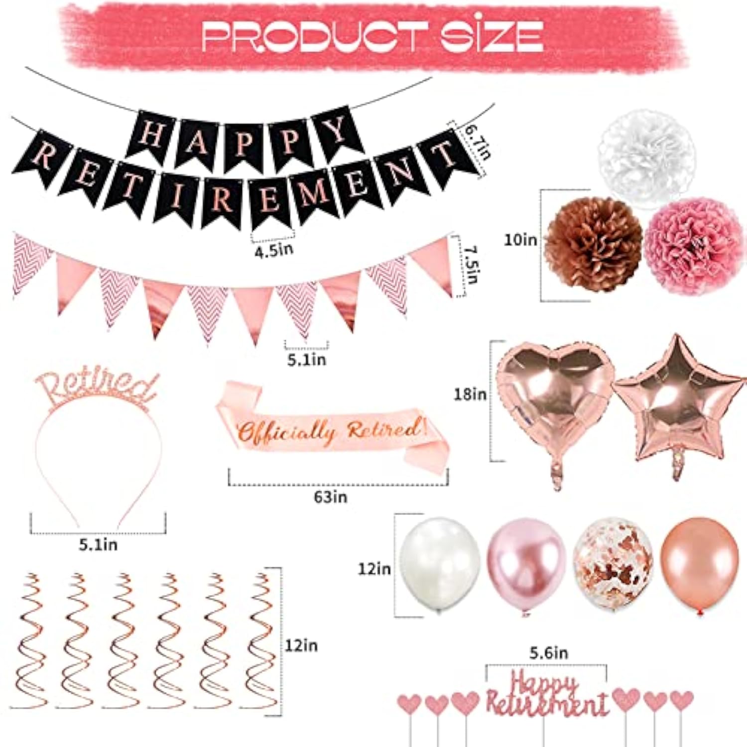 Rose Gold Retirement Party Decorations 63 Pcs Banner Swirls Balloons Cake Toppers