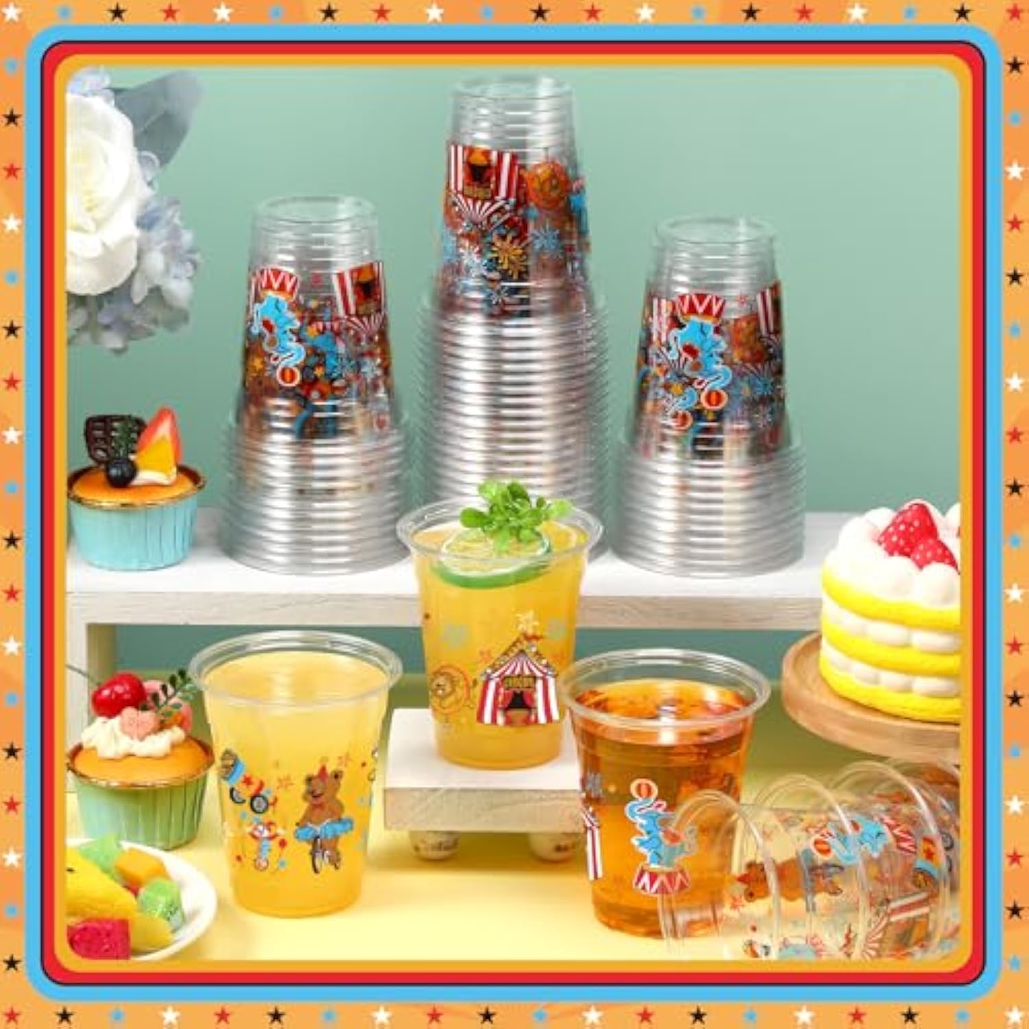 50 Pcs Circus Cups 12 Oz Plastic Circus Birthday Cups Clear Circus Disposable Cups Circus Theme Drinking Cups For Home Party Circus Theme Birthday Baby Shower Supplies Decoration (Circus)