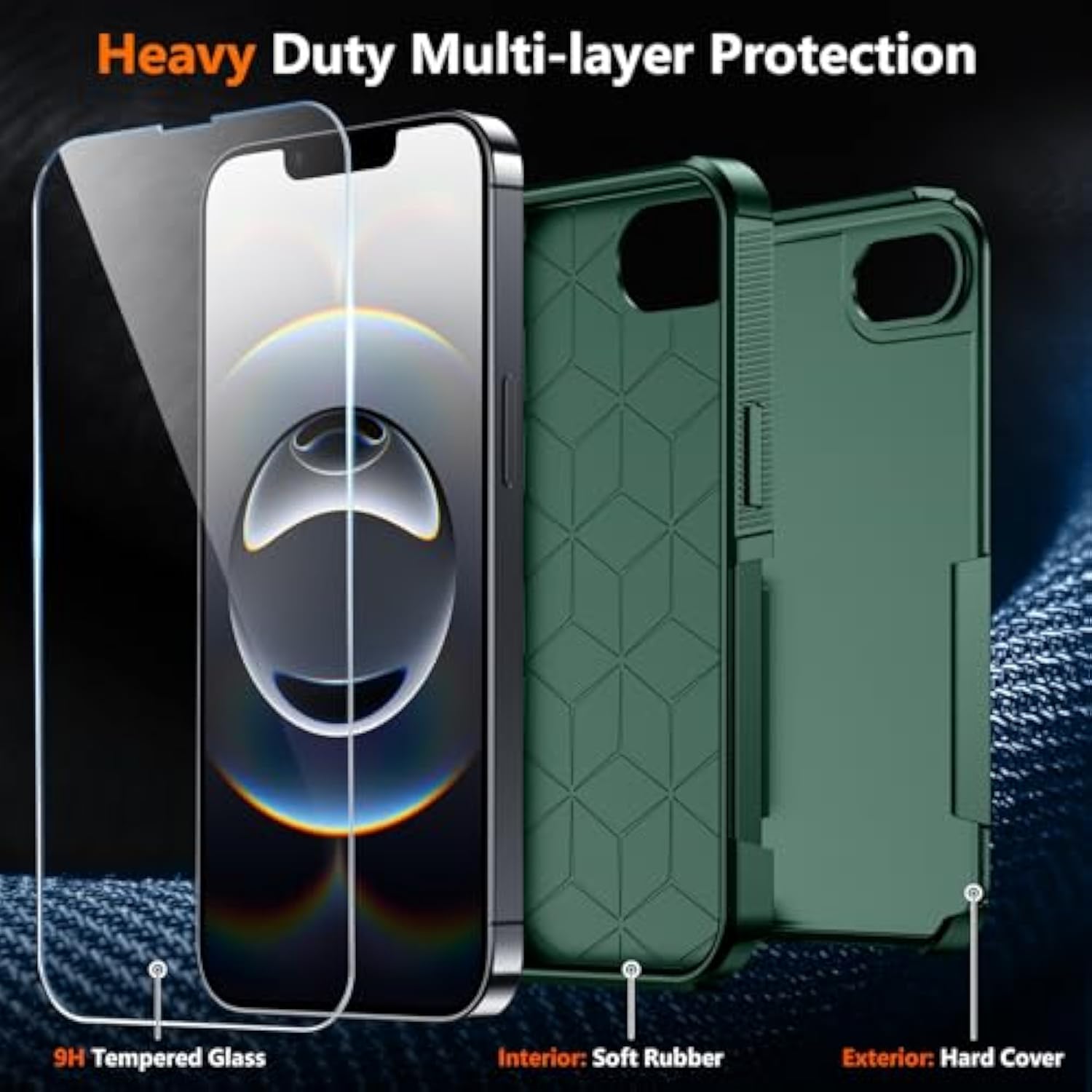 Designed For Iphone 16E Case, [12 Ft Grade Protection] 2 Pack [Tempered Glass Screen Protectors] Heavy Duty Shockproof Case Screen Expanders Magnifiers, Dark Green