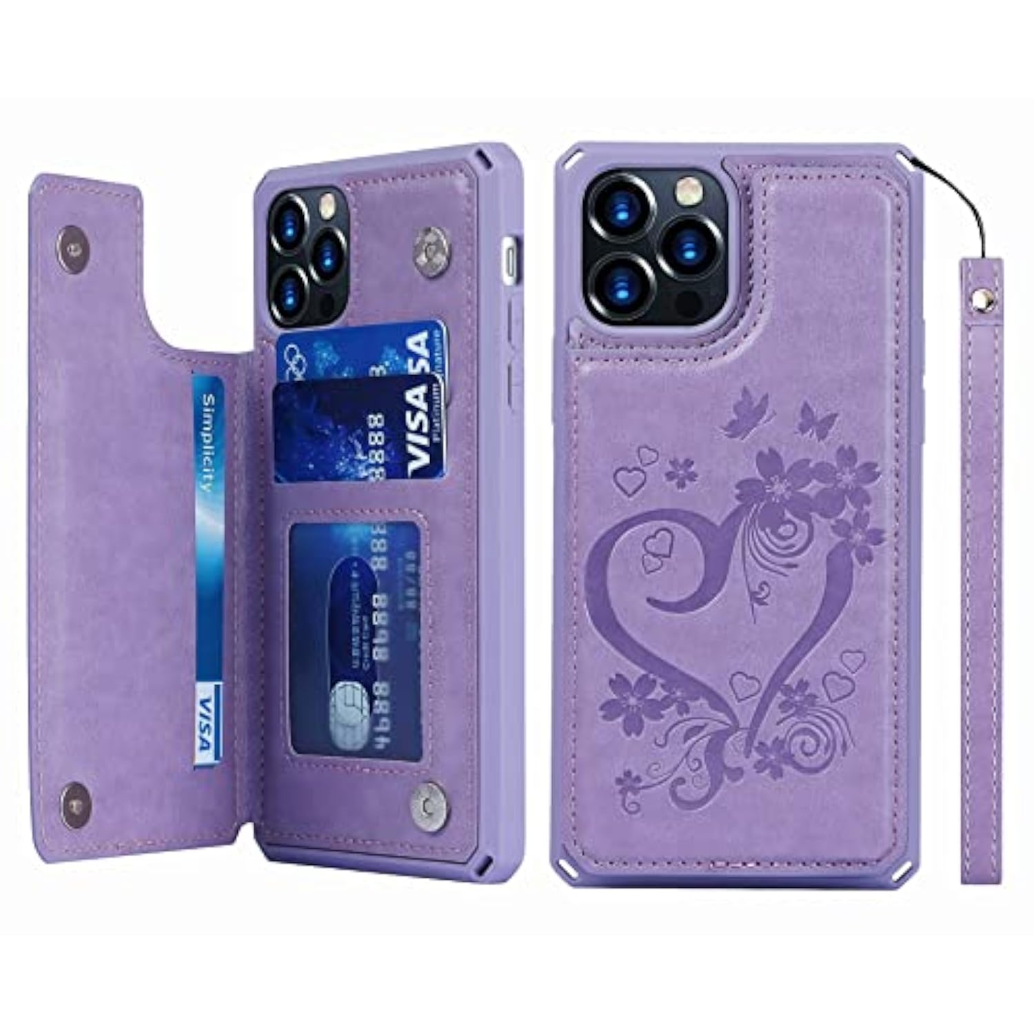 Compatible With 12/12 Pro Wallet Phone Case With Card Holder For Women, Rfid Blocking Embossed Pu Leather Wrist Strap Case (Heart Purple)
