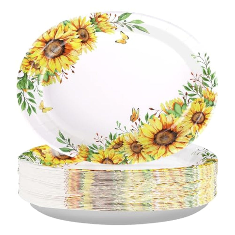 50 Pcs Sunflower Oval Paper Plates 10" X 12" Disposable Summer Sunflower Party Plates Sun-Flower Tableware For Mother'S Birthday Weeding Bridal Baby Shower Picnic Bbq Patty Decorations
