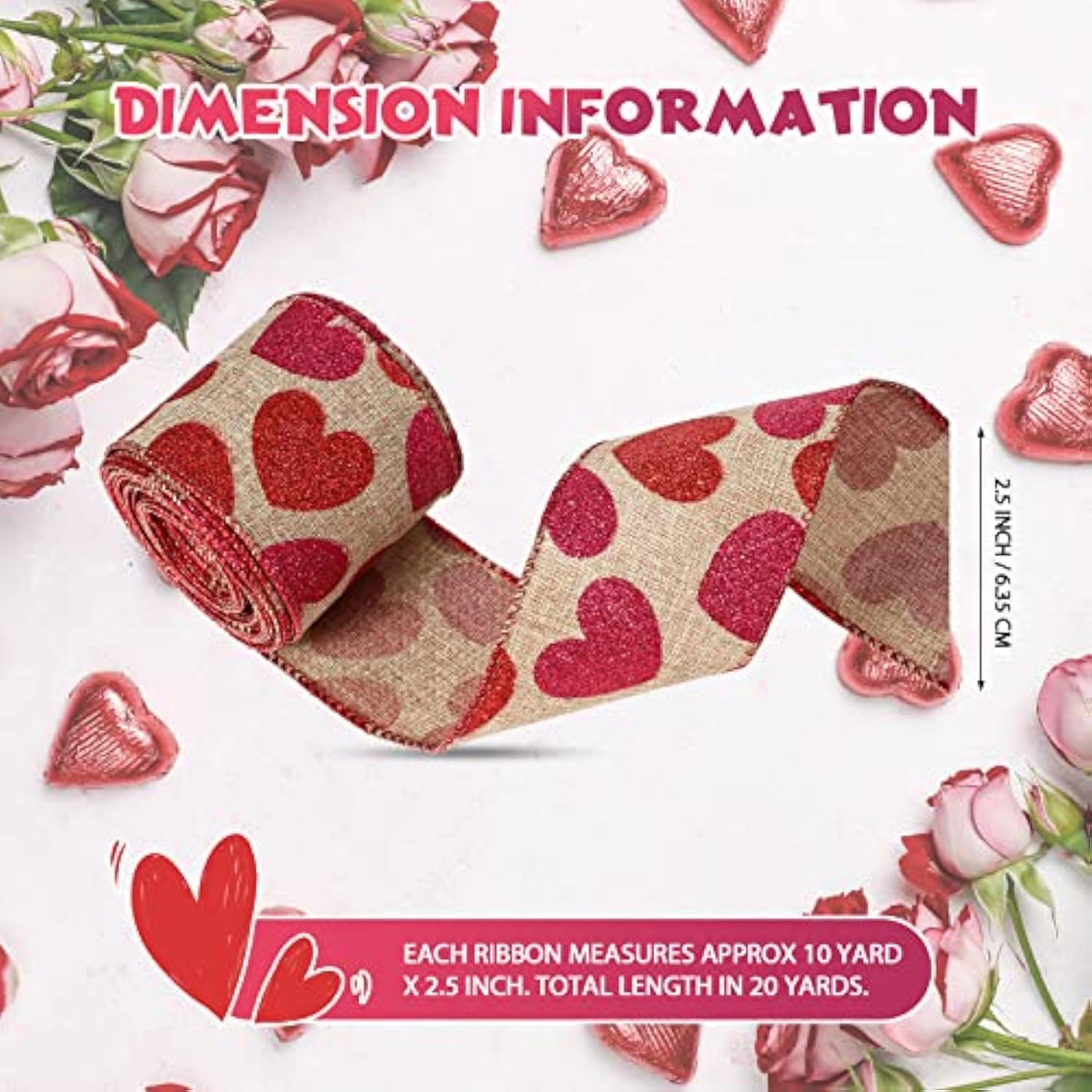 2 Roll 20 Yards Glitter Hearts Wired Edge Burlap Ribbon Valentine Ribb