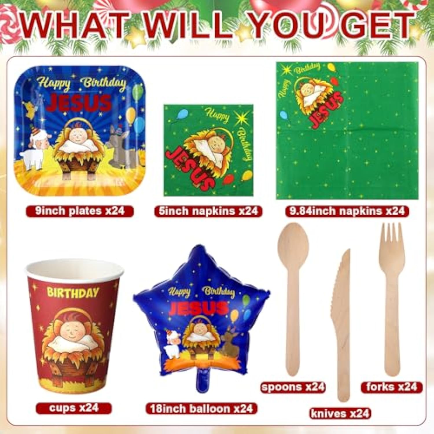 174 Pcs Happy Birthday Jesus Tableware With 24 Disposable Jesus Plates Cups Set 30 Disposable Jesus Napkins 24 Christmas Balloons Christmas Nativity Party Supplies Xmas Winter Holiday Party