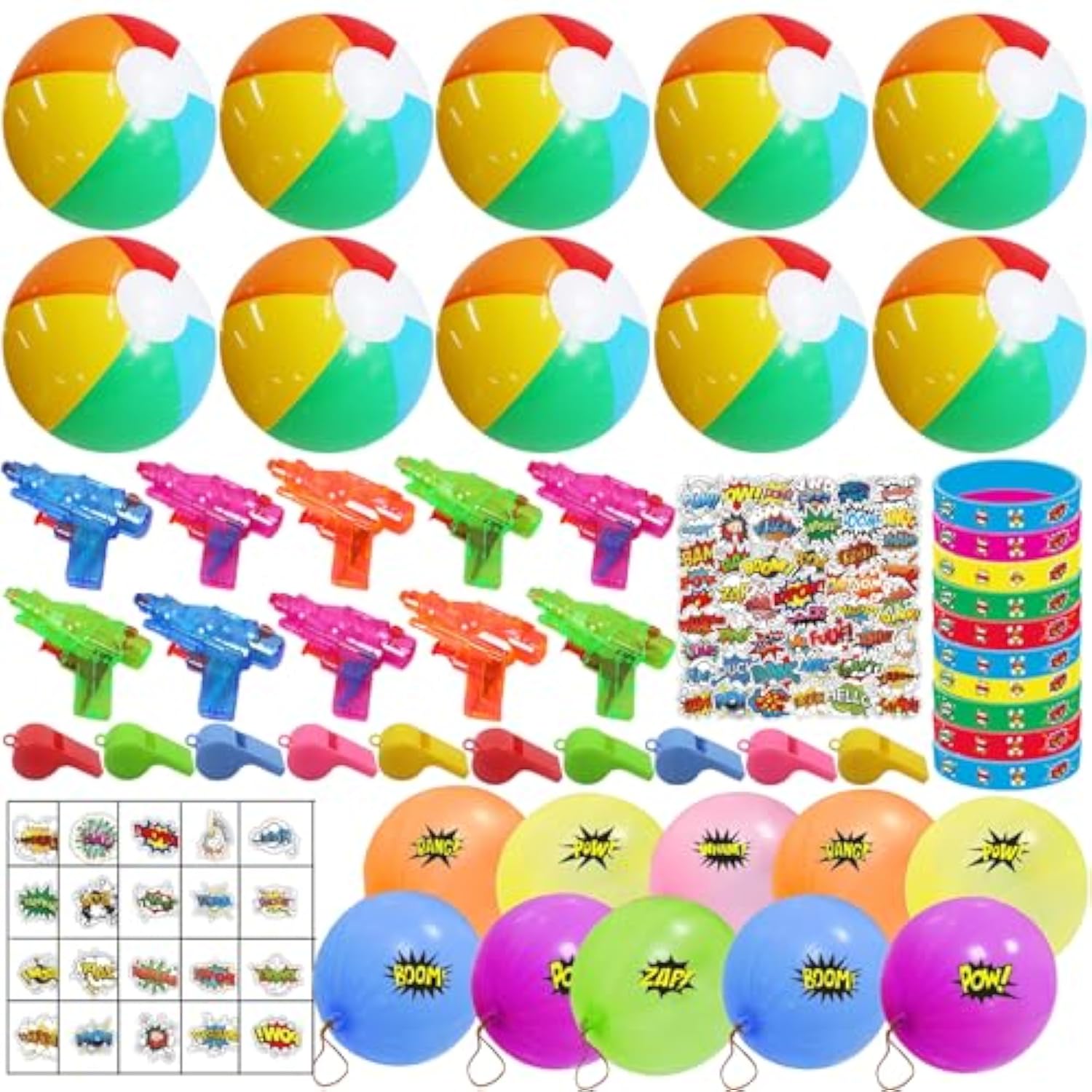 120Pcs Beach Party Favor-Summer Beach Pool Toys Themed Party Supplies Include Beach Balls, Water Squirts,Bracelet,Tattoos, Stickers Fans Party Summer Supplies