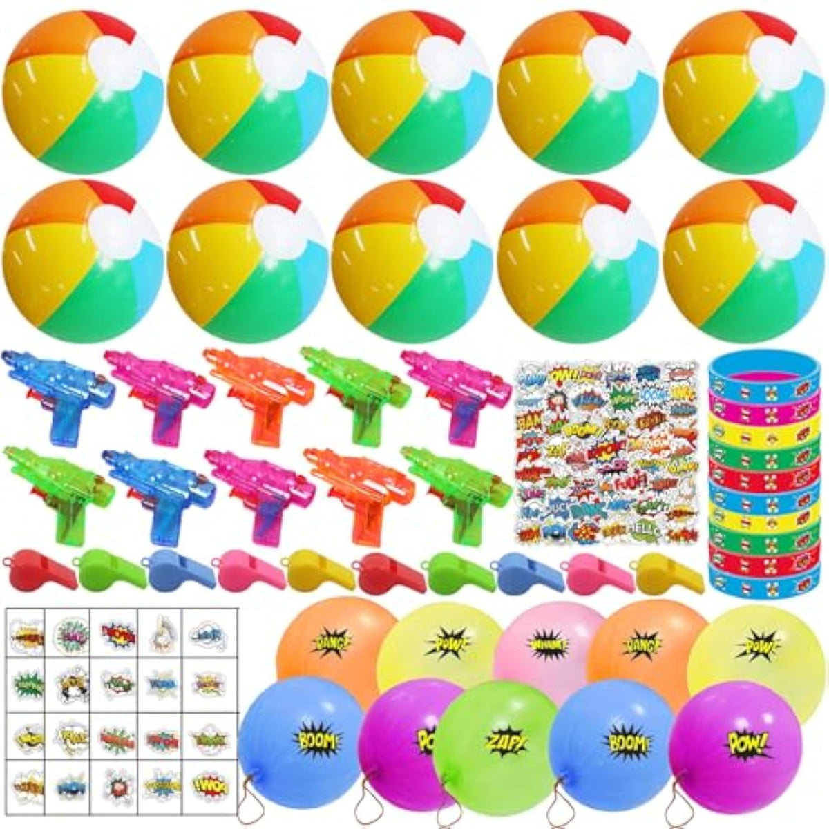 120Pcs Beach Party Favor-Summer Beach Pool Toys Themed Party Supplies Include Beach Balls, Water Squirts,Bracelet,Tattoos, Stickers Fans Party Summer Supplies