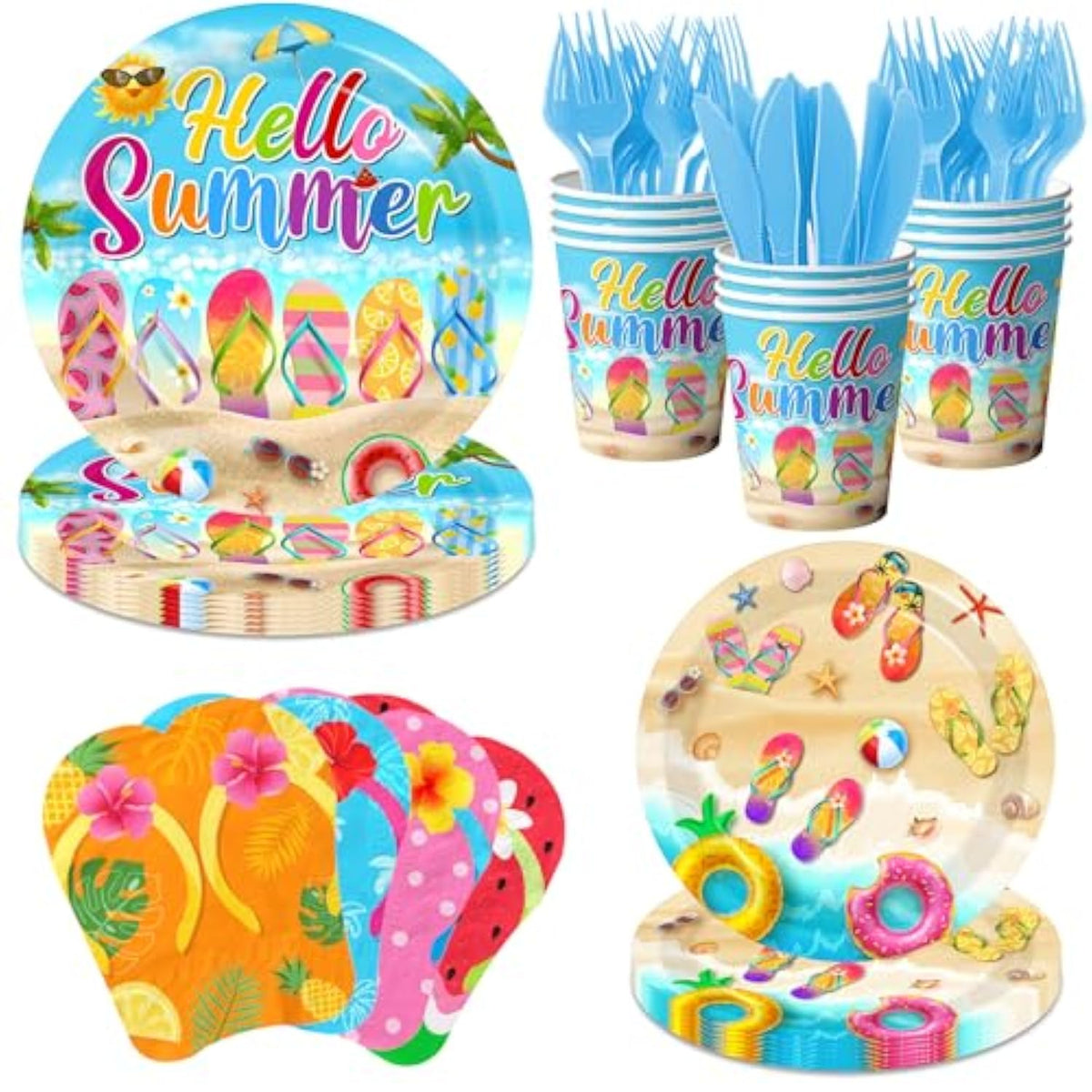 Beach Plates And Napkins Sets Beach Party Supplies, Flip-Flops Summer Plates And Napkins With Cups Forks And Knives Hawaiian Luau Tableware Tropical Party Supplies For Birthday Baby Shower, Serve 24