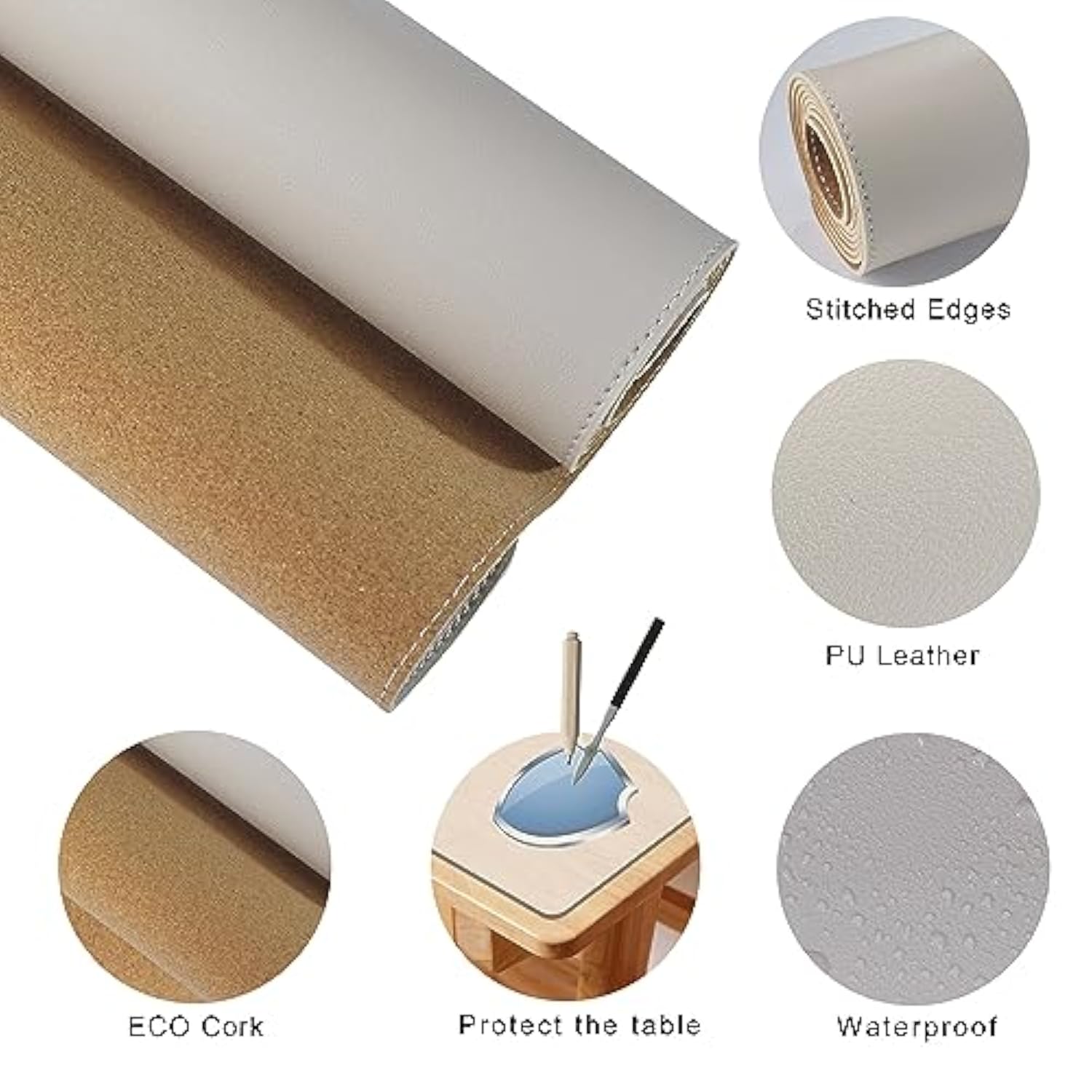 MAIDERN 63”x 31.5” Leather Desk Pad, Large Desk Mat, Cork & Leather Large Mouse pad for Desk, Waterproof Computer Desk Pad for Gaming Home Office (Cream)