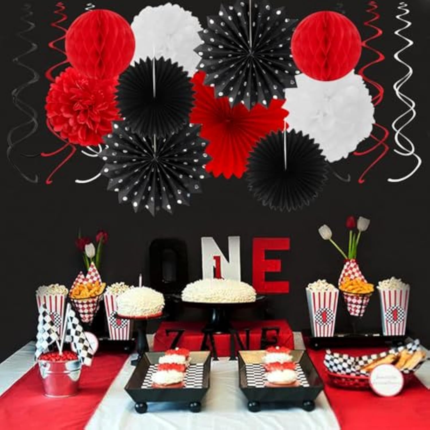 Black White-Red Party-Decorations - 33Pcs Birthday Banner,Streamers Tassel Garland,Tissue Pom Poms Honeycomb,Paper Lantern Fans,Men Women Wedding Baby Shower Graduation Backdrop Supplies Decor